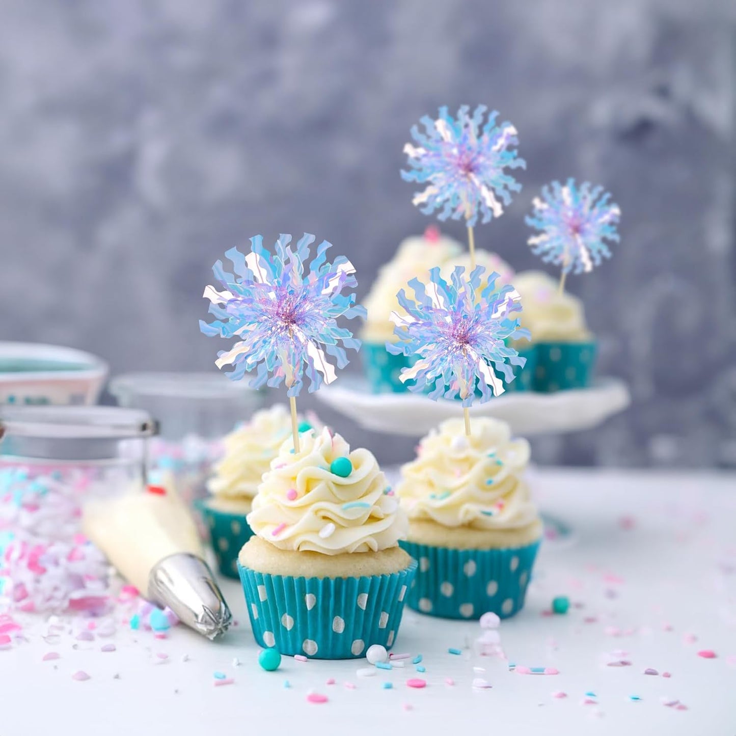 Ephlyn 30Pcs Foil Firework Cupcake Toppers Party Birthday Cake Toppers Supplies Sparkle Tinsel Cocktail Fruit Toothpick for Birthday Wedding Graduation Party Light Blue