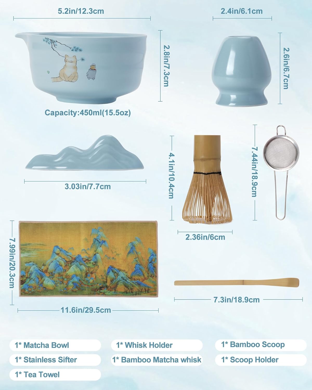 Matcha Set, Japanese Tea Set Includes Matcha Bowl, Matcha Whisk and Holder, Bamboo Scoop, Scoop Rest, Sifter and Tea Towel-7 Pcs, Ceramic Matcha Kit for Tea Lovers (Blue)
