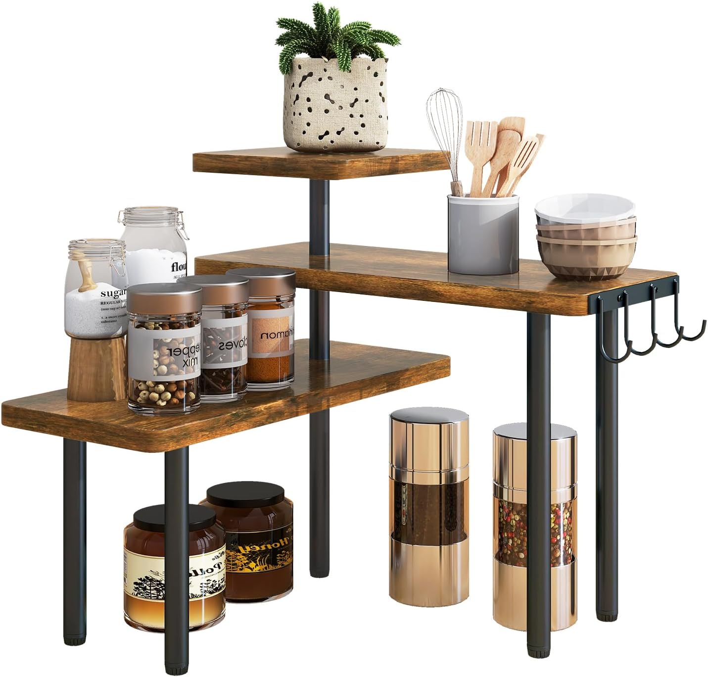 IBUYKE Countertop Organizer,3-Tier Spice Racks,Kitchen Counter Corner Shelf,4 Side Hooks,Adjustable Countertop Shelf for Kitchen, Bathroom, Coffee Bar, Cabinet, Desk,Rustic Brown,TLJ023H