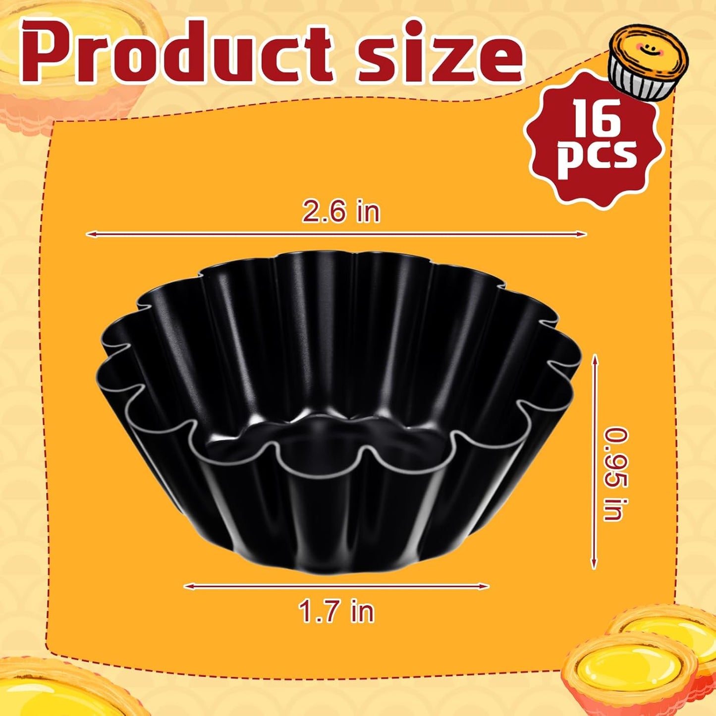 LemonRoad 16 Pcs Egg Tart Molds, Non-stick Carbon Steel Tart Pans, Mini Pie Moulds, Muffin Cupcake Pudding Baking Cup Maker - for Pies, Chinese Egg Tarts, Cakes (2.6 Inch)