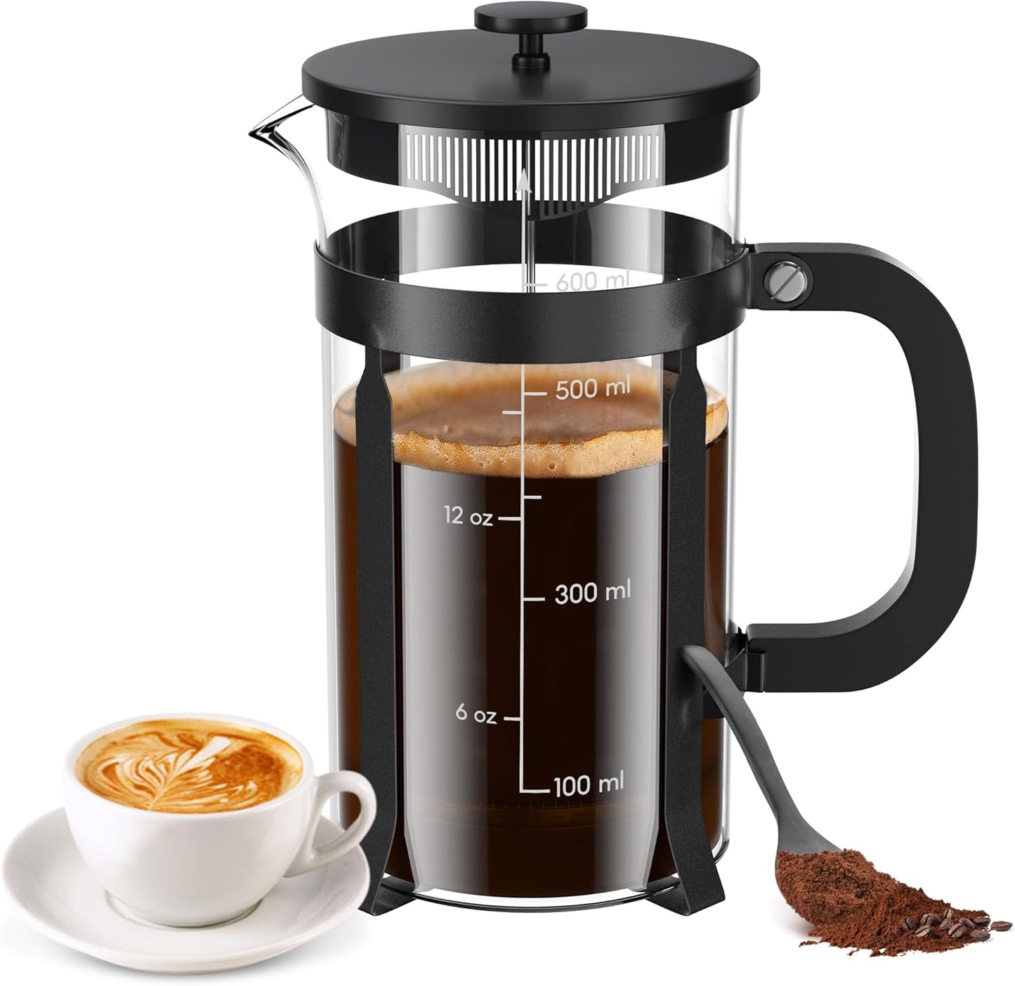 High - Quality 21 Ounce / 600ML French Press - Stainless Steel & Heatproof Glass, 4 - Filter Design - Make Cold Brew, Espresso, Coffee & Tea with Ease