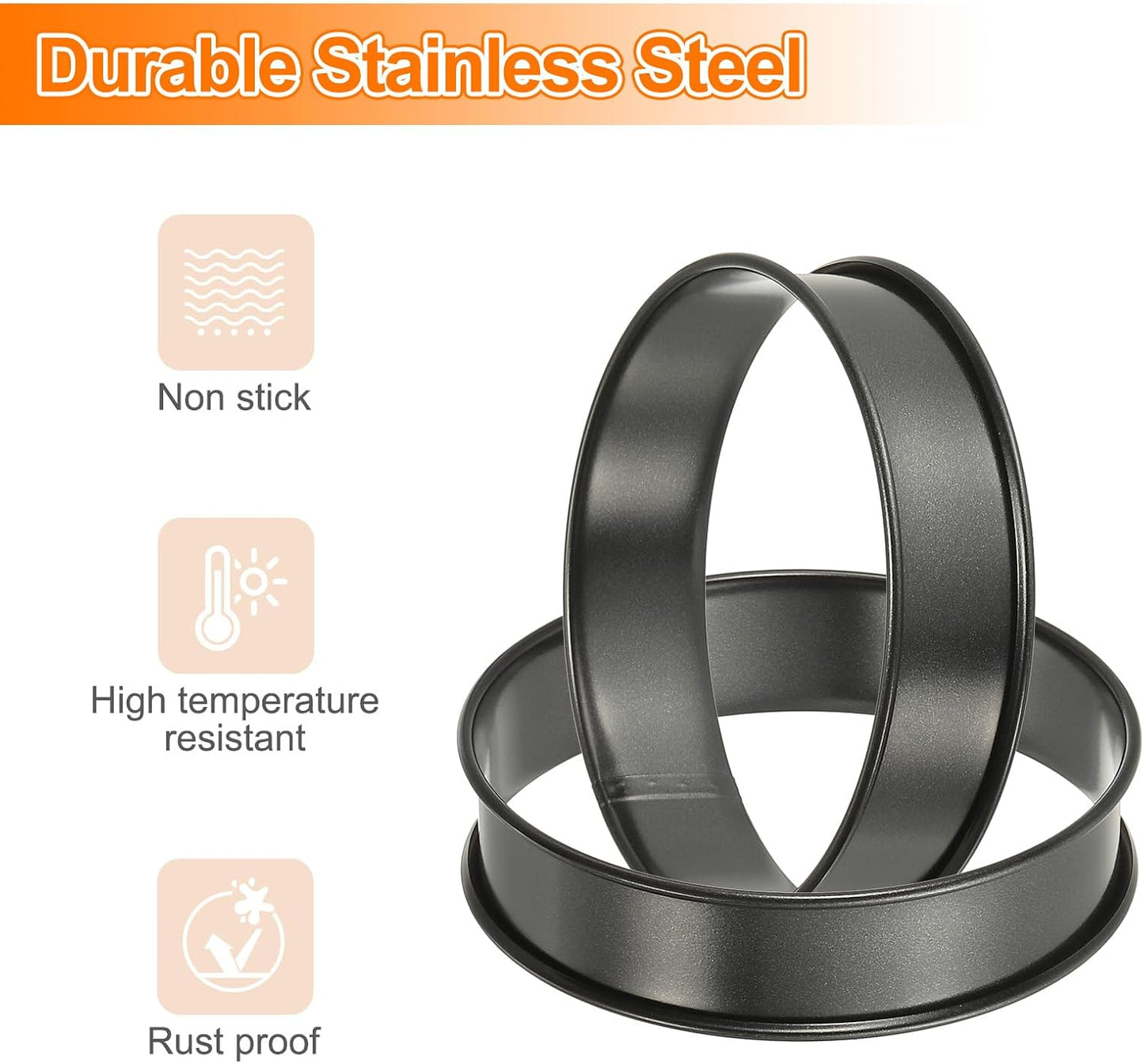 HARFINGTON 8pcs Crumpet Rings 3.94" Nonstick Round Cake Ring Stainless Steel Double Rolled English Pastry Rings for Kitchen Baking Crumpet Dessert, Black