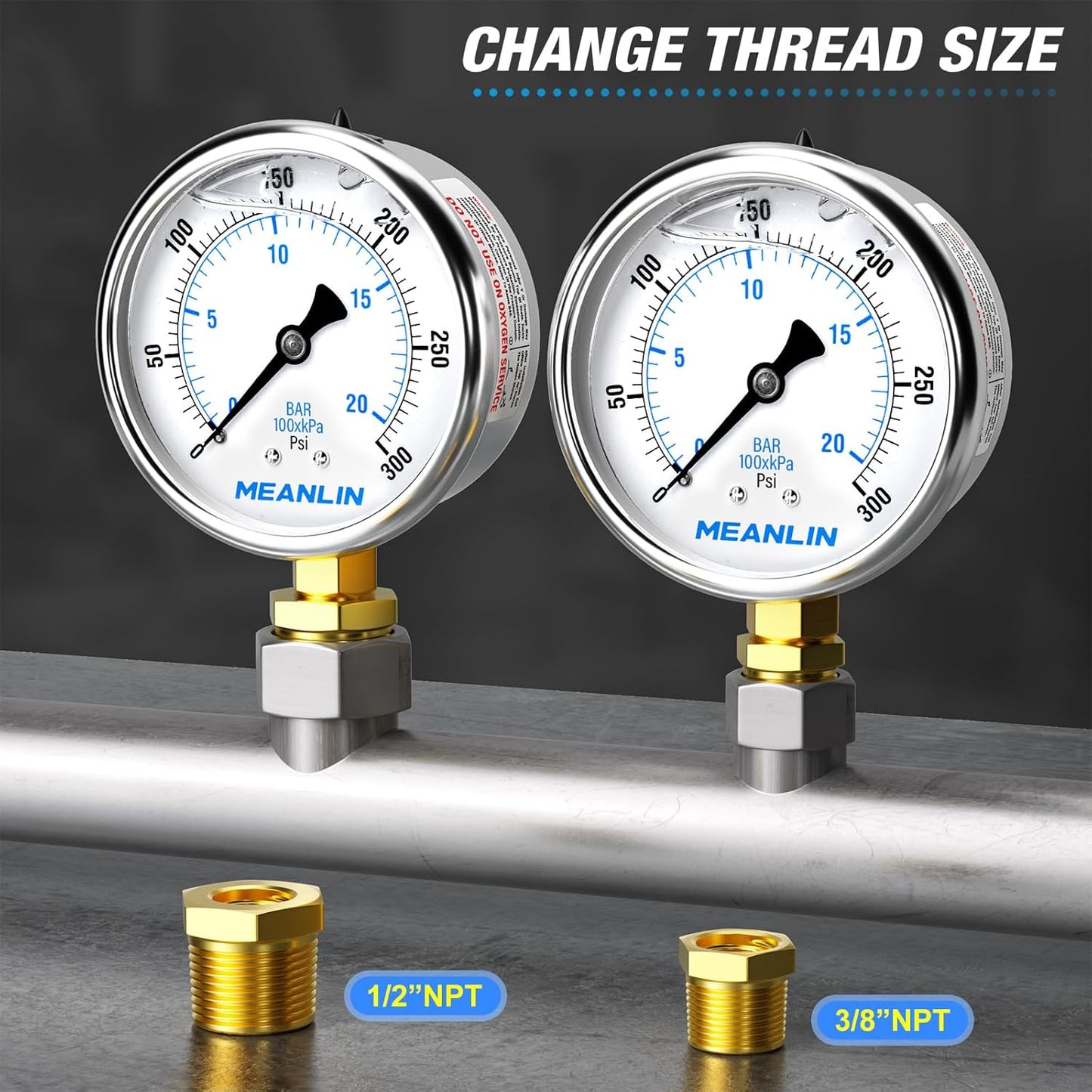 MEANLIN MEASURE 0~300Psi Stainless Steel 1/4" NPT 2.5" FACE DIAL Liquid Filled Pressure Gauge WOG Water Oil Air Lower Mount (Pack of 2), with 1/2" NPT and 3/8" NPT Hex Bushing