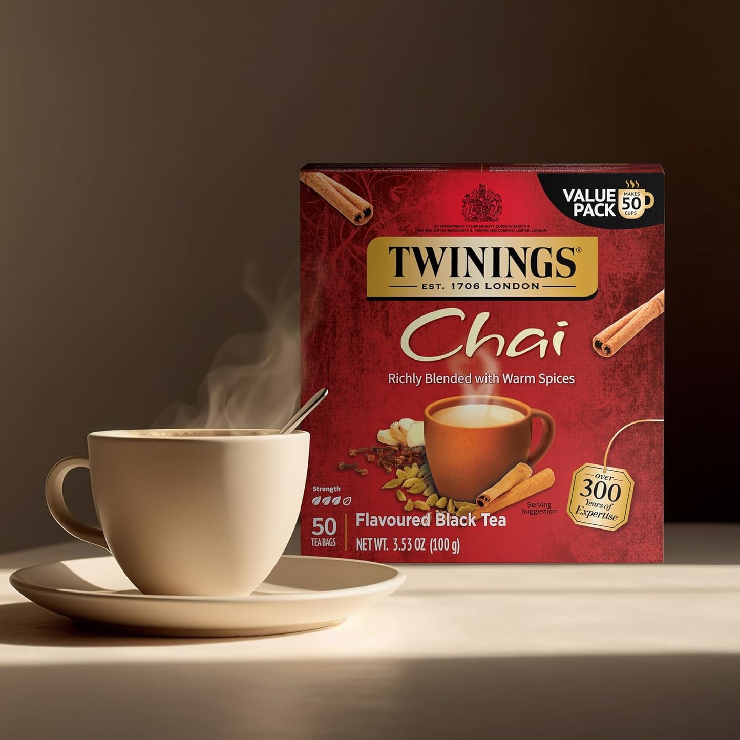 Twinings Chai Black Tea Individually Wrapped Bags, 50 Count (Pack of 6), Sweet, Savoury Spices, Caffeinated, Enjoy Hot or Iced, 300 Teabags
