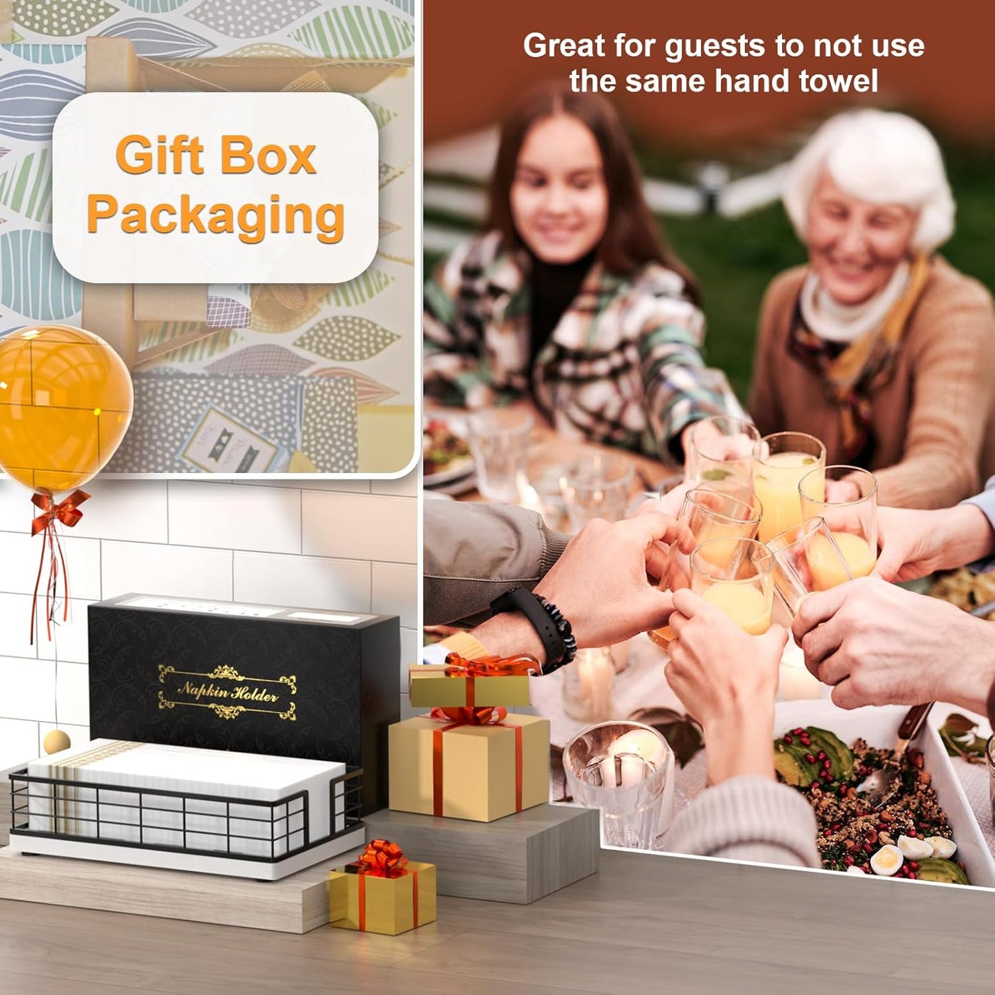 Wican Guest Towel Holder Tray for Bathroom, Oak and Iron Napkins Holder for Powder Room Dinning Table Wooden Basket for Disposable Paper Hand Towels Black and White