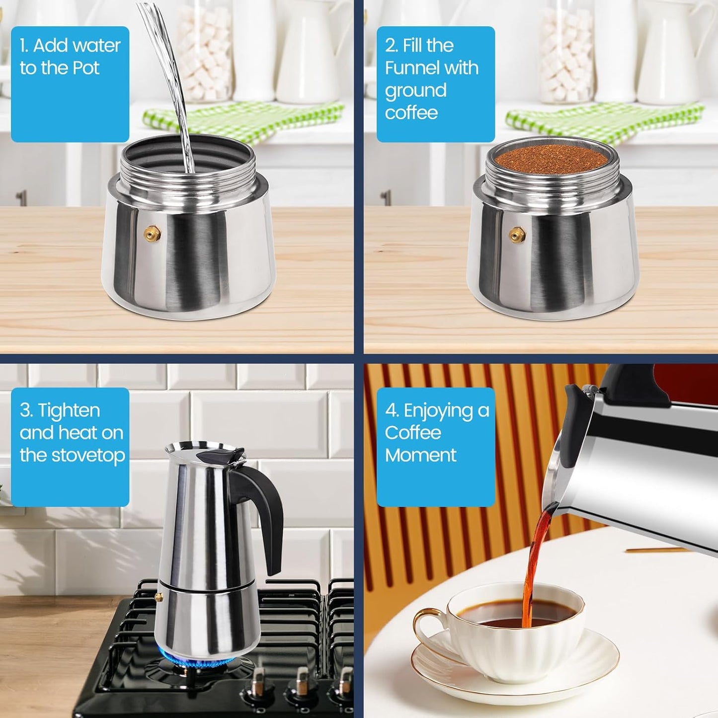 2 Cup Moka Pot Stainless Steel 100ml Italian Espresso Coffee Maker Stovetop Coffee Makers Mocha Pot Percolator Greca Coffee Maker for Induction Stove Portable for Easy Brewing Straight