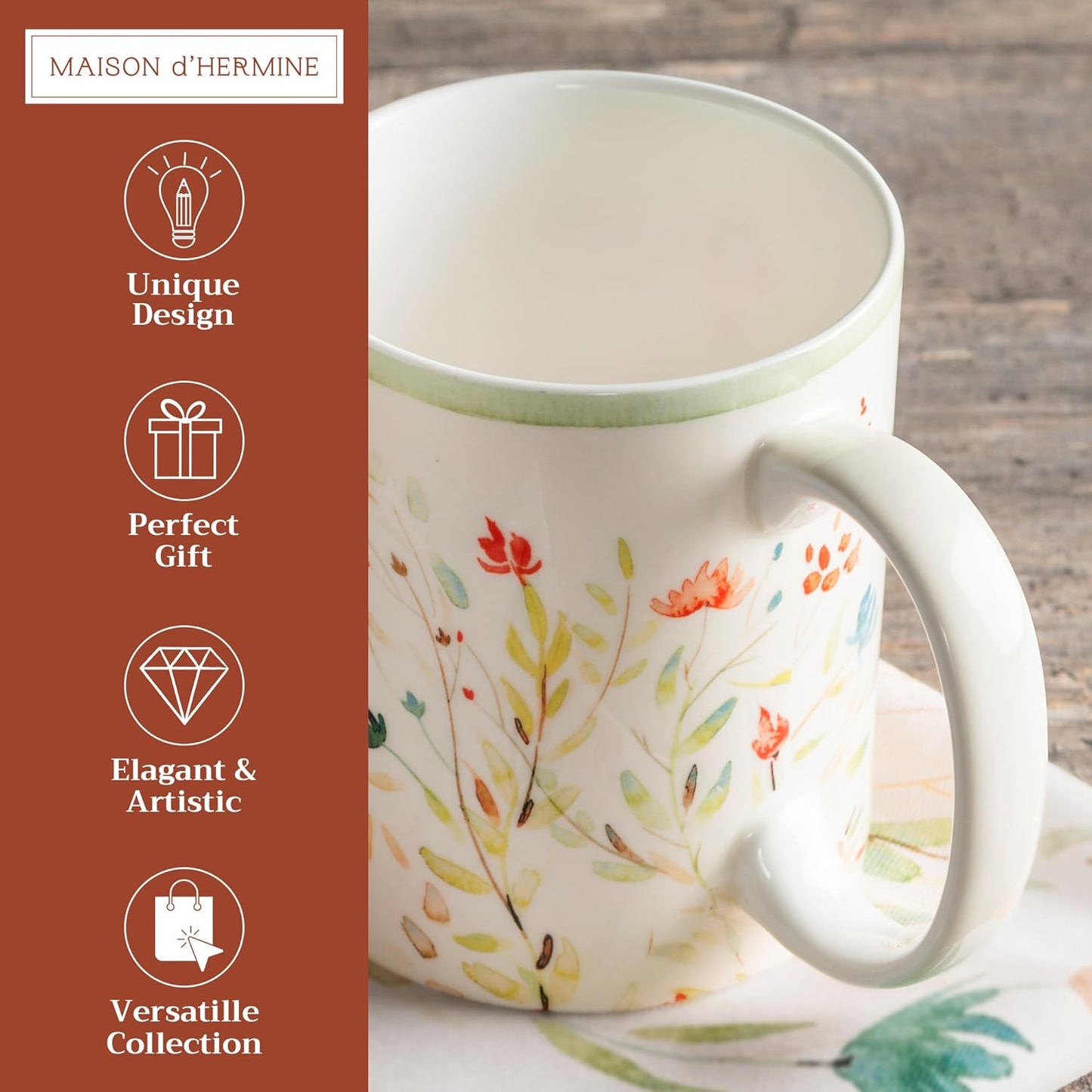 Maison d' Hermine Coffee Mug with Handles Fine Bone China Mugs Pack of One Tea Cups for Hot Beverages Cappuccino Latte Home Restaurant Office Perfect for Gift (Colmar - Green, 12 Ounce)