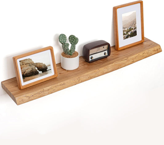 Floating Shelves for Wall Decor, Rustic Solid Elm Wood Live Edge Floating Shelves Wall Mounted, Wall Shelves with Invisible Bracket for Living Room Bathroom Bedroom Kitchen, 40 Inch Set of 1, Natural
