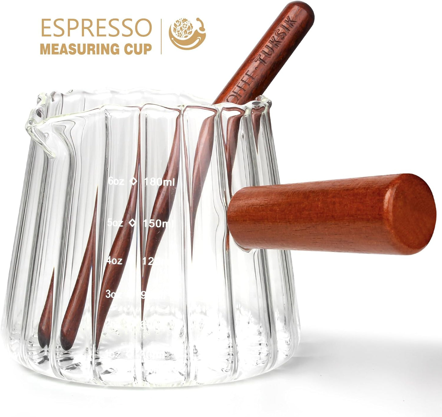 Double V-Spout Espresso Shots Cup (6OZ) with Wooden Handle - Left & Right Handed | Milk Frothing Pitcher & Measuring Cup | Espresso Accessories Set with Bonus Walnut Stirrer