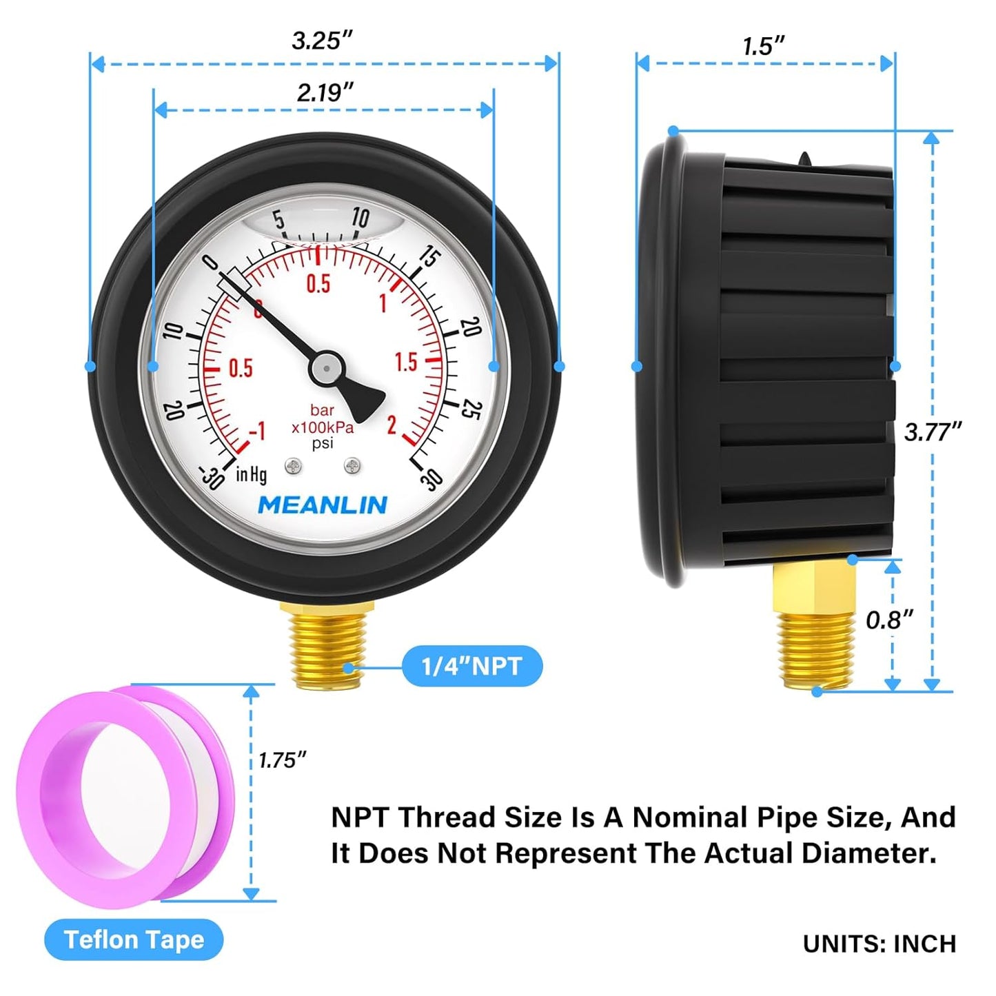 MEANLIN MEASURE -30inHG~30Psi Stainless Steel Vacuum Pressure Gauge 1/4" NPT 2.5" FACE DIAL with Rubber Protective Sleeve, Lower Mount