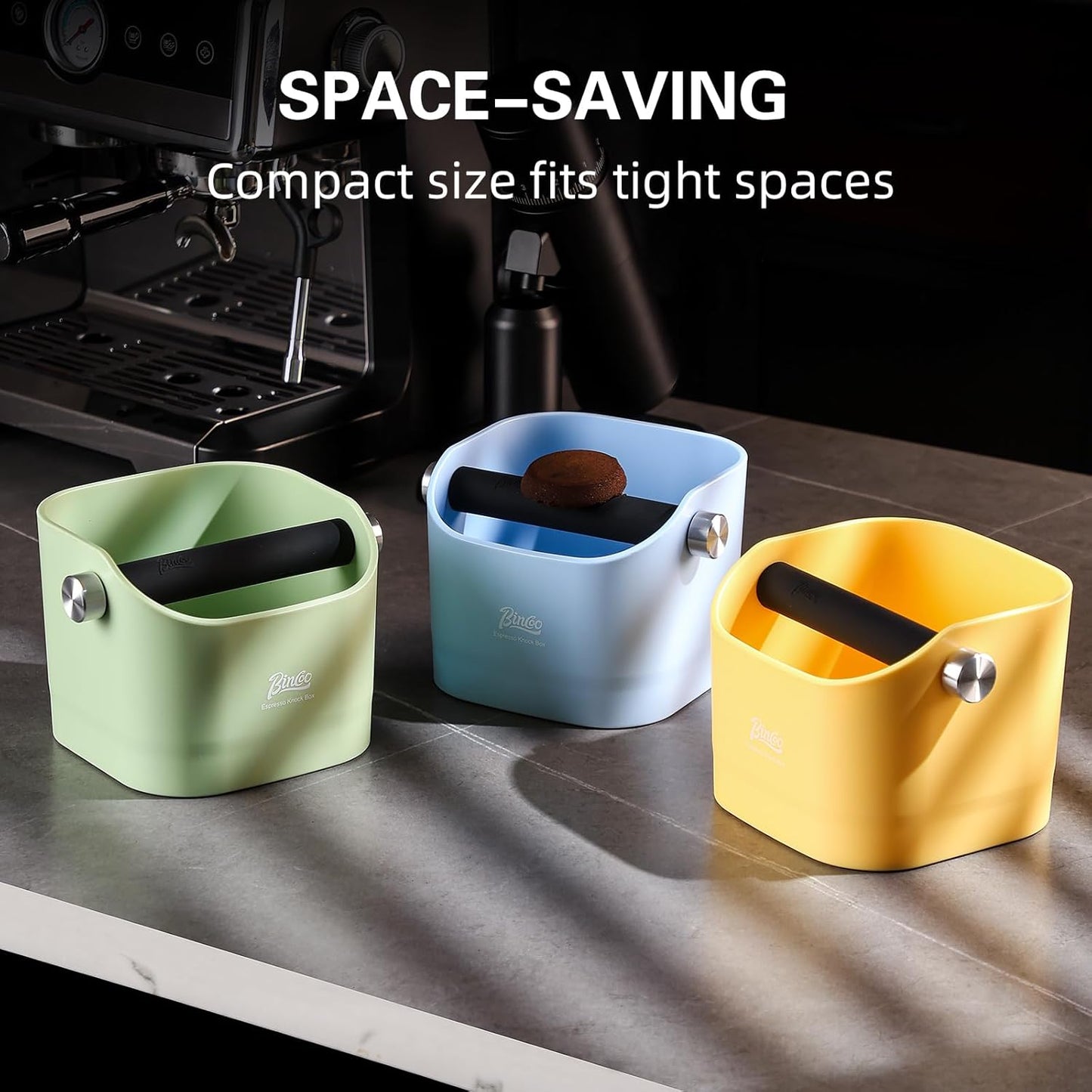 Espresso Knock Box - Bincoo Espresso Machine Knock Box/Espresso Grounds Knock Box, Barista Style Coffee Knock Box for Grounds with Removable Shock-Absorbent Knock Bar and Anti-Slip Base. (yellow)
