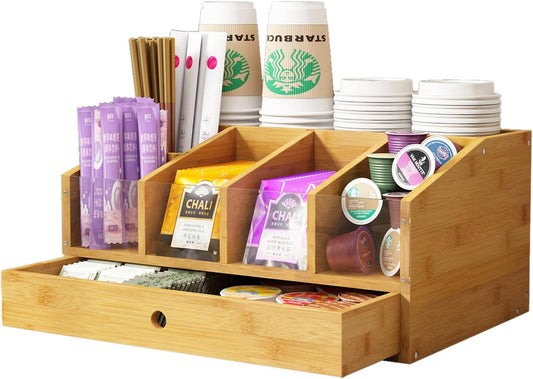 Coffee Station Organizer for Countertop Coffee Condiment Organizer, Office Coffee Station, Small Cute Coffee Bar Organizer – Bamboo & Wooden Storage with Removable Dividers & Drawer