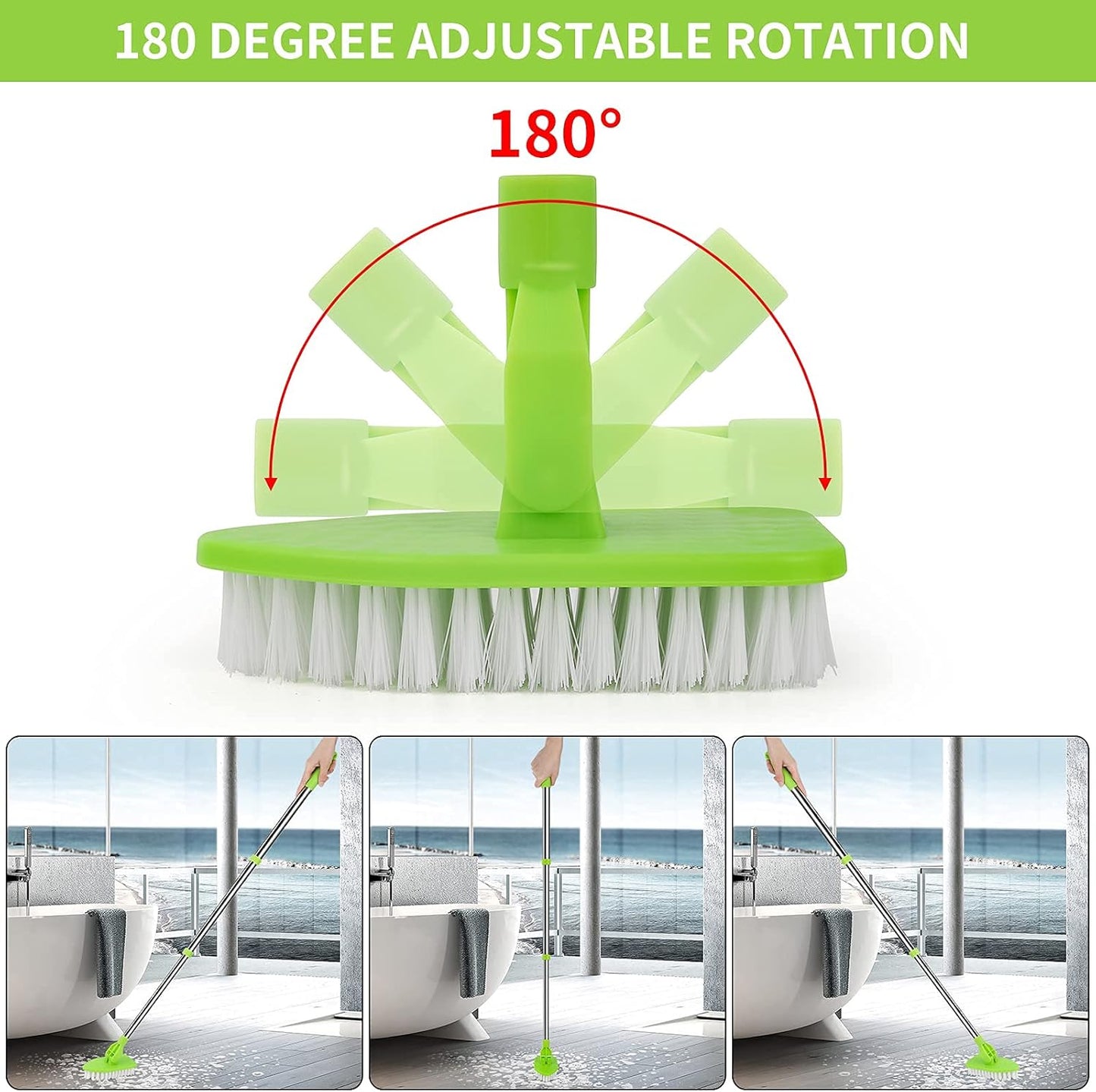 Scrub Cleaning Brush with Long Handle 35'' - Extendable Floor Scrubber with 1 Stiff Bristles & 3 Sponge Brush, Adjustable Lightweigh Detachable Kitchen Brush for Baseboard Shower Bathroom Bathtub Tile