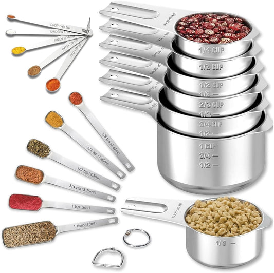 18PCS Measuring Cups and Spoons Set, Includes 7 Stainless Steel Nesting Cups, 6 Rectangular & 5 Mini Measuring Spoons Fits Narrow Jars, Kitchen Gadgets for Cooking & Baking