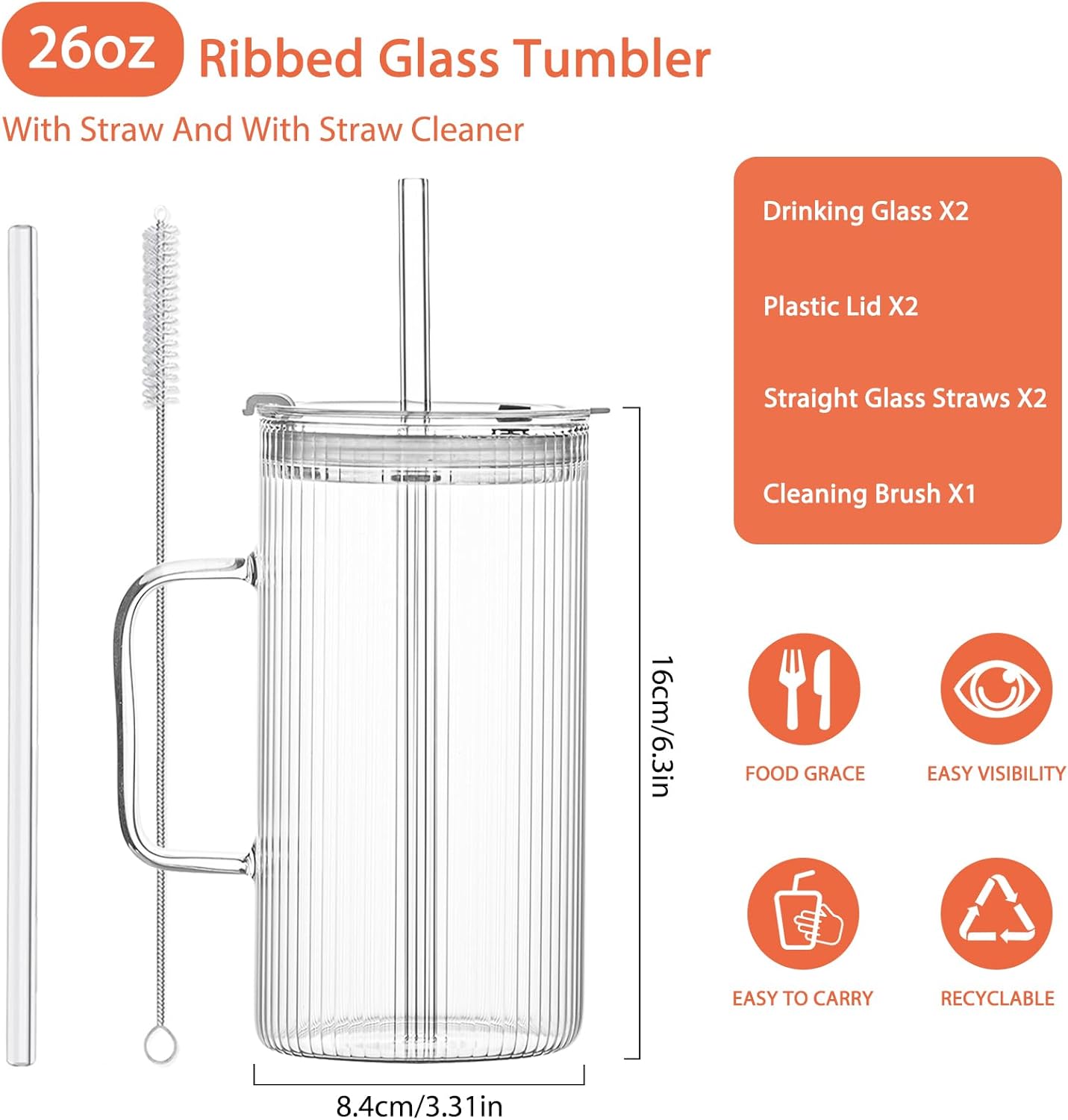 26oz Large Ribbed Glass Tumbler with Handle and Lid - Set of 2, Clear Glass Cups with Reusable Straws, Vertical Striped Design - Perfect for Iced Coffee, Tea, Smoothies, and Cocktails