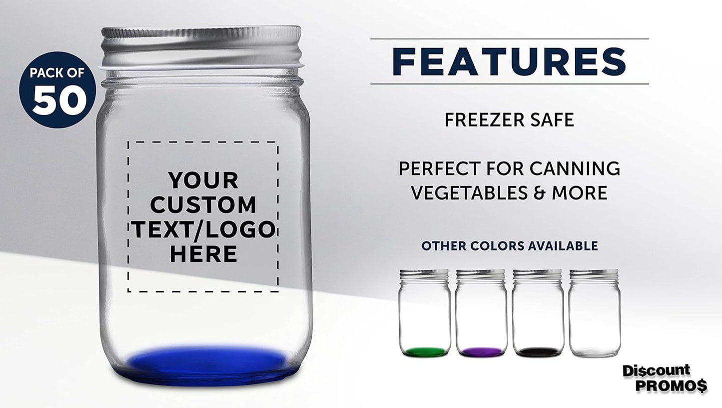 DISCOUNT PROMOS 50 Decorating Mason Jars Set, 12 oz. - Customizable Text, Logo - Canning, Aluminum Lid - Blue