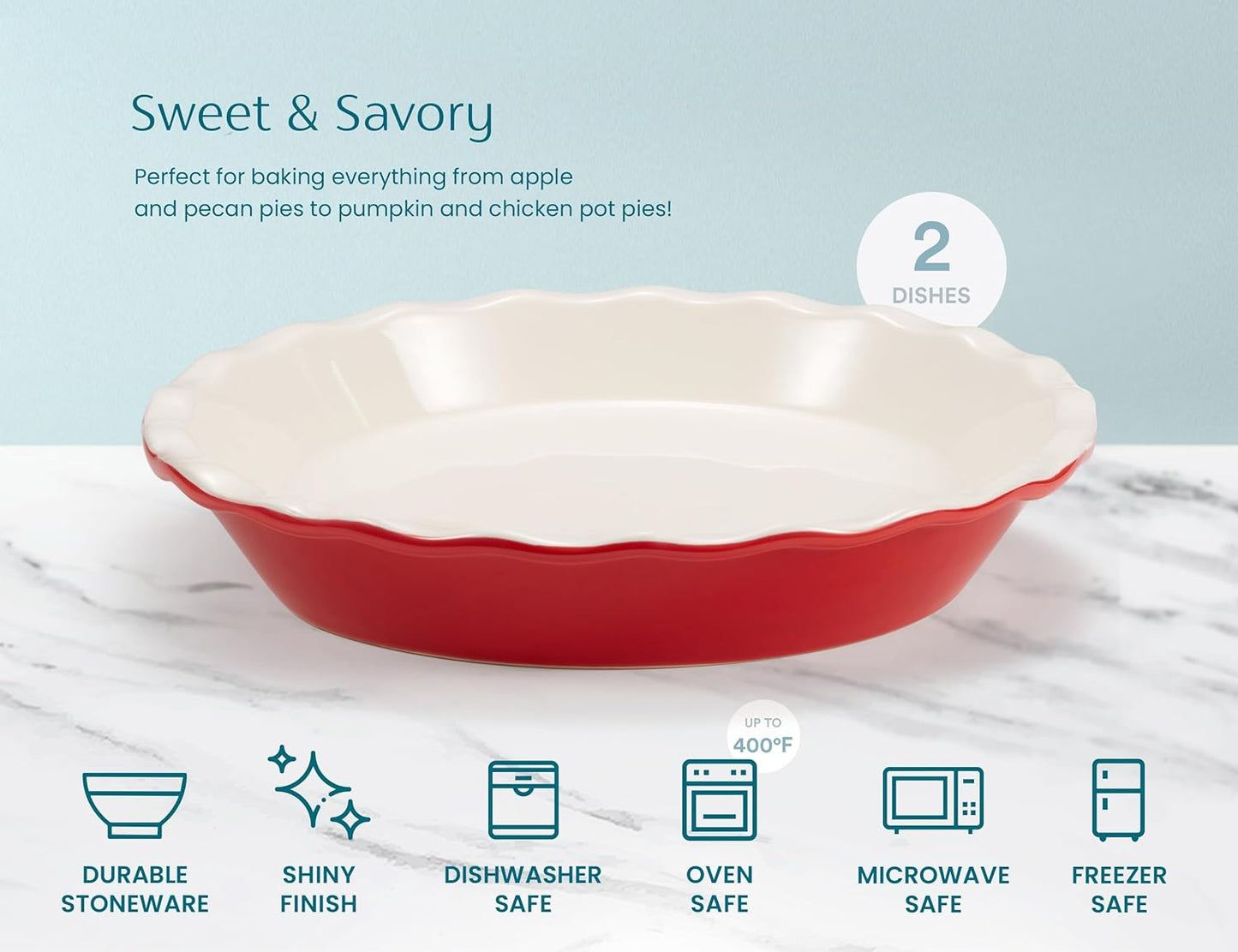 KooK Pie Pan, Ceramic Reusable Round Pie Dish, Quiche Baking Dish, Deep, Wave Edge, For Cakes, Tart, Casseroles, Tarts, Microwave, Oven and Dishwasher Safe, 9-Inch, 36 oz, Set of 2, Cherry