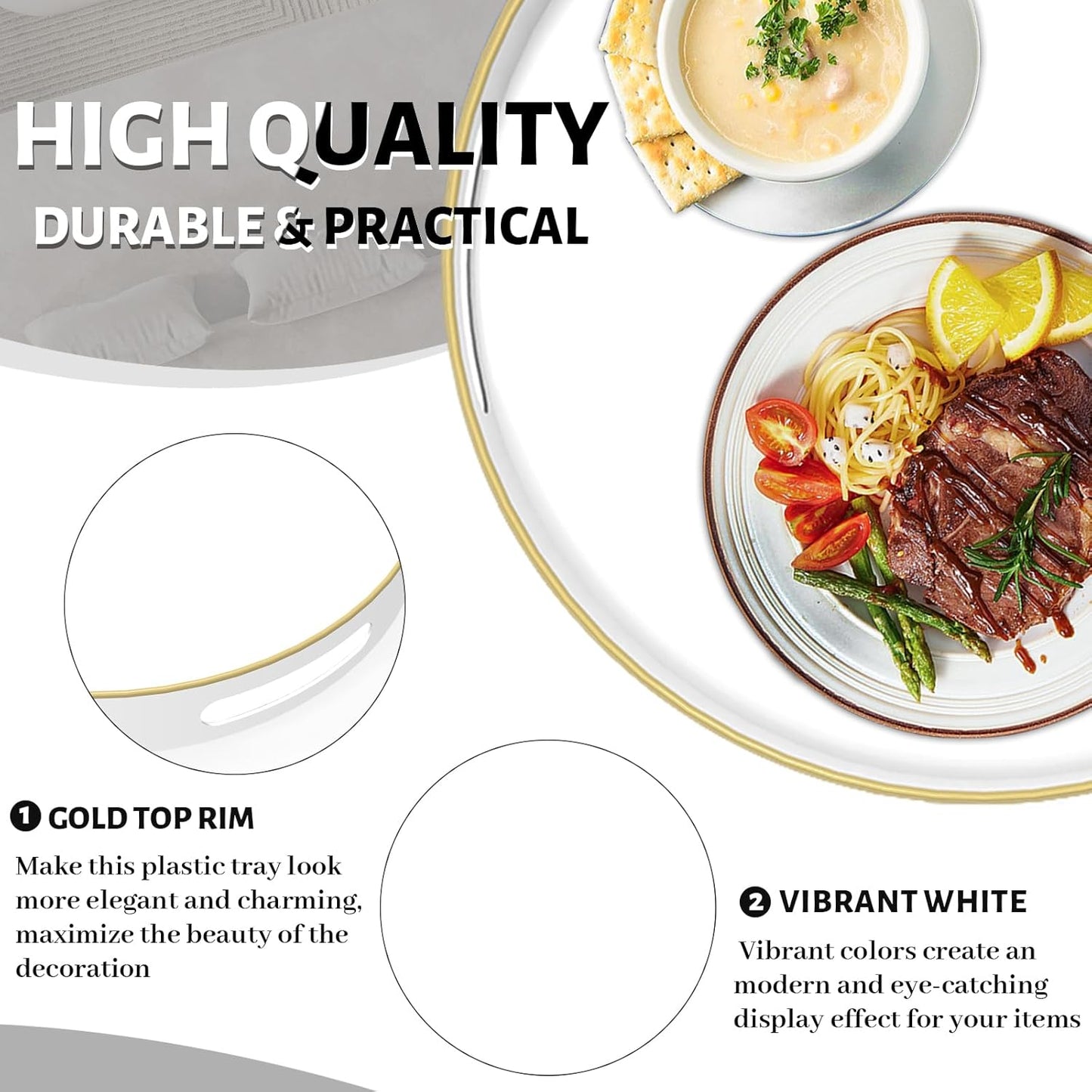 MAONAME White Decorative Tray for Coffee Table, Modern Round Serving Tray with Handles, 13" Plastic Tea Trays for Ottoman, Bathroom Decor