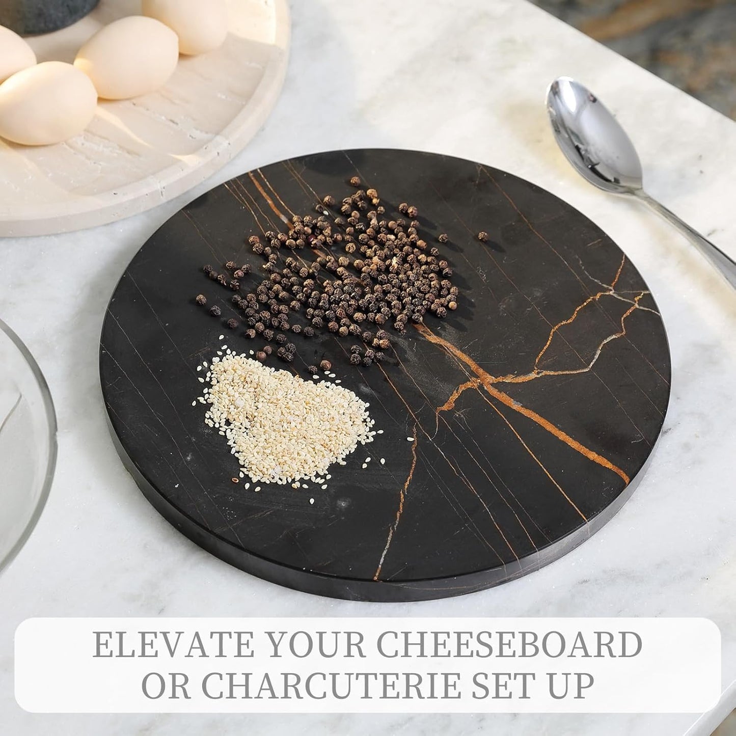 Koville Natural Marble Cutting Board for Kitchen, 11inch Round Hand Crafted Marble Slab for Cheese, Charcuterie, Pastry Board - Wedding Gift, House Warming Gift(NOIRAZIZA)