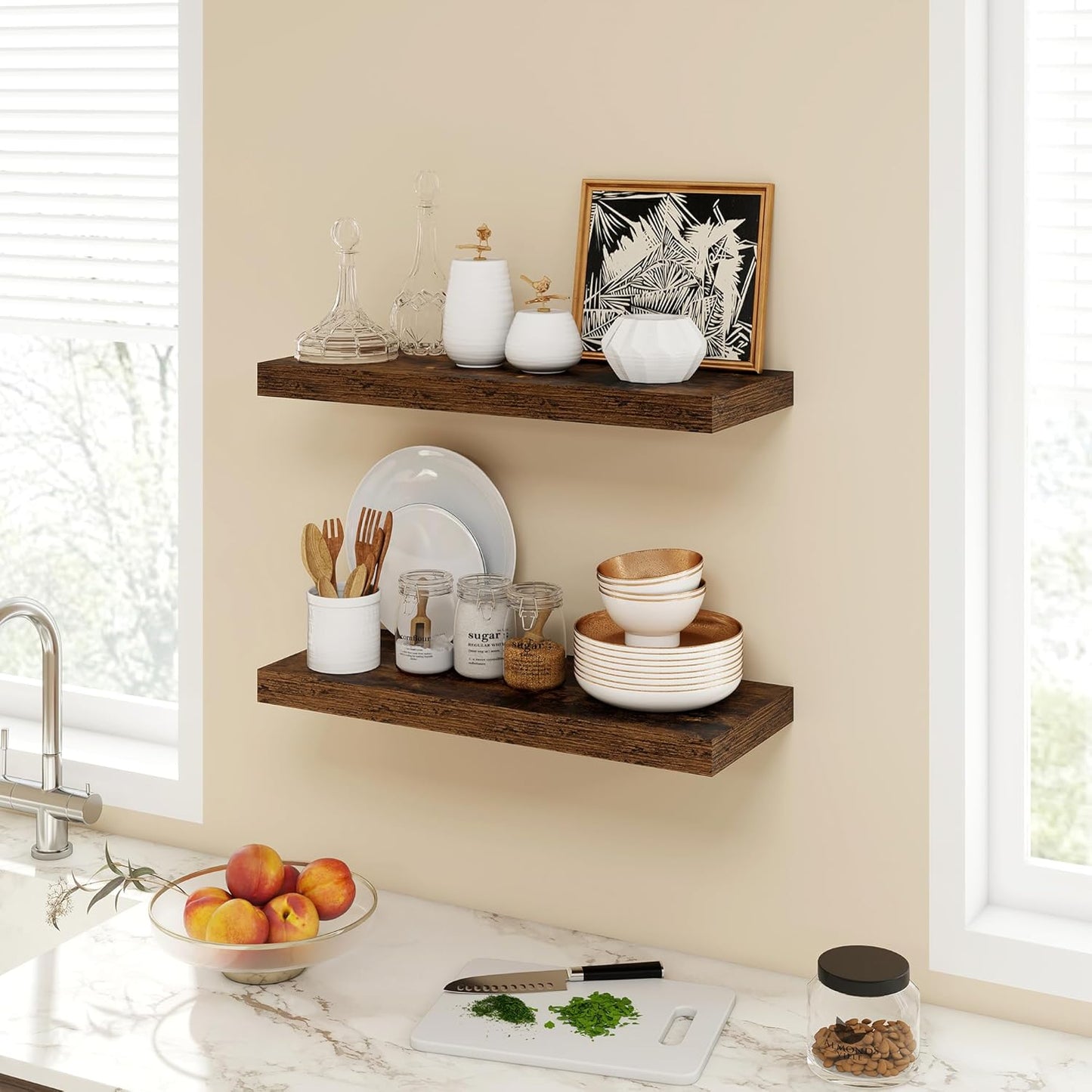 24 Inch Floating Shelves, 9.3" Deep Floating Shelf Wall Mounted, 24" Wall Shelves, Rustic Deep Bookshelf, Large Display Shelves & Storage Shelves for Bedroom, Living Room, Brown, Set of 2