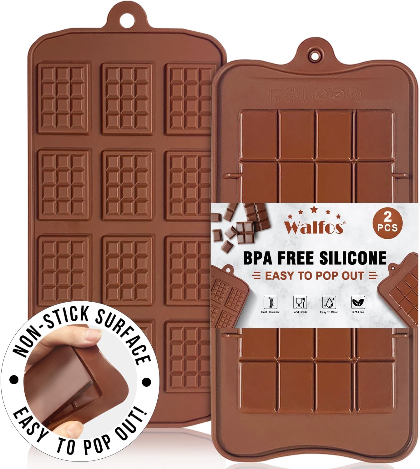Walfos Break-Apart Chocolate Molds, Non-Stick Silicone Chocolate Bar Mold, Food Grade Candy Bar Mold, Perfect for Energy Bar, Cocoa Mini Bar, Basic Bites, 2 Pack