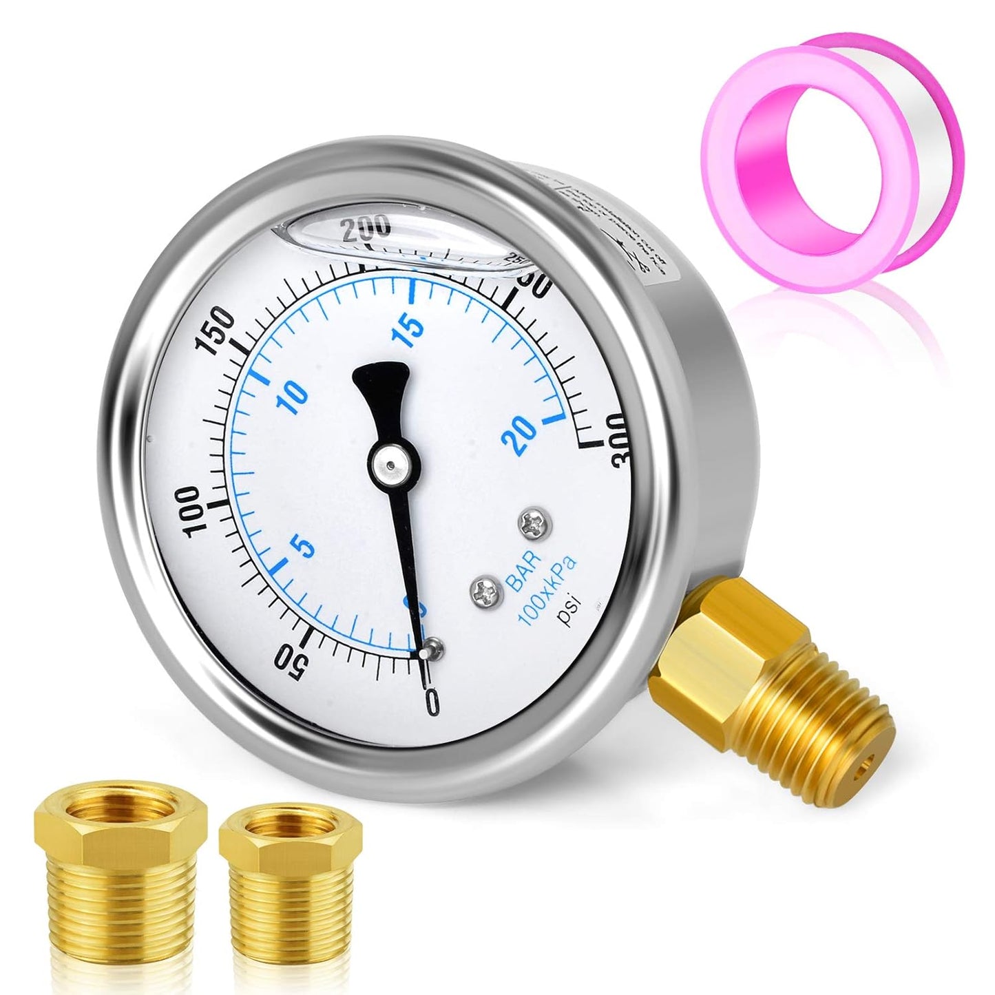 MEANLIN MEASURE 0~300Psi Stainless Steel 1/4" NPT 2.5" FACE DIAL Liquid Filled Pressure Gauge WOG Water Oil Air Lower Mount, with 1/2" NPT and 3/8" NPT Hex Bushing