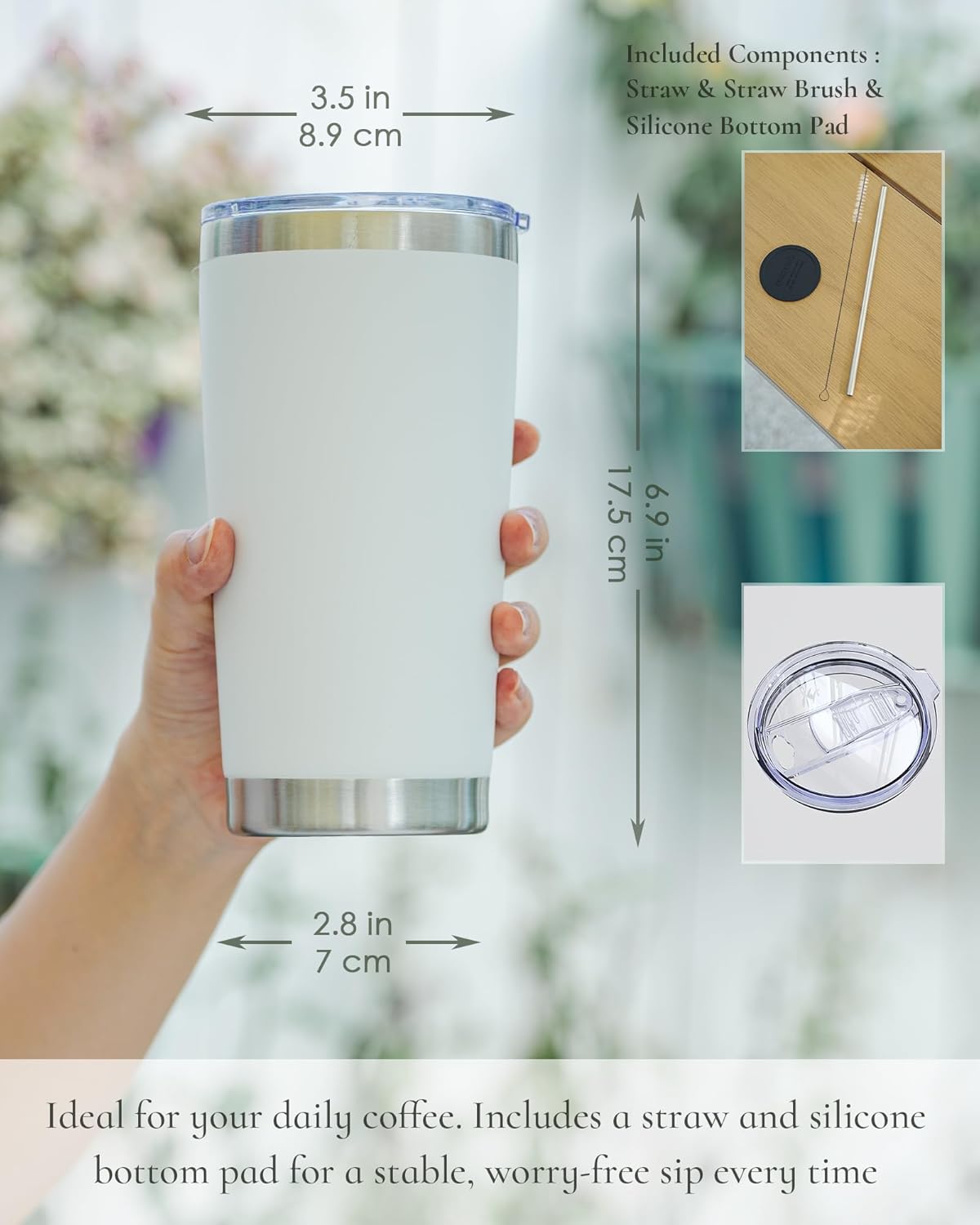 Travel Coffee Tumbler 20oz, 1 Pack Leakproof Travel Coffee Mug with Lid and Straw, Stainless Steel Double Wall Vacuum Insulated Tumbler for Hot/Iced Drinks (Textured Matte, White)