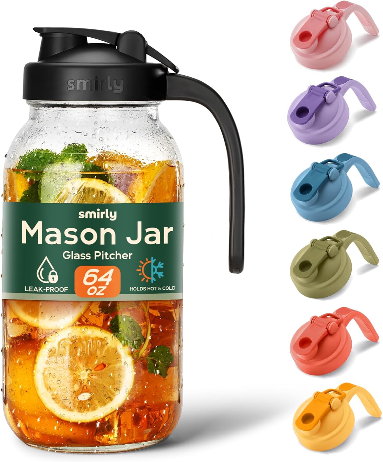 SMIRLY 64 oz Mason Jar Pitcher,Glass Pitcher with Wide Mouth,Water Jug with Double Leak Proof Lid for Iced Coffee,Hot Water,Breast Milk