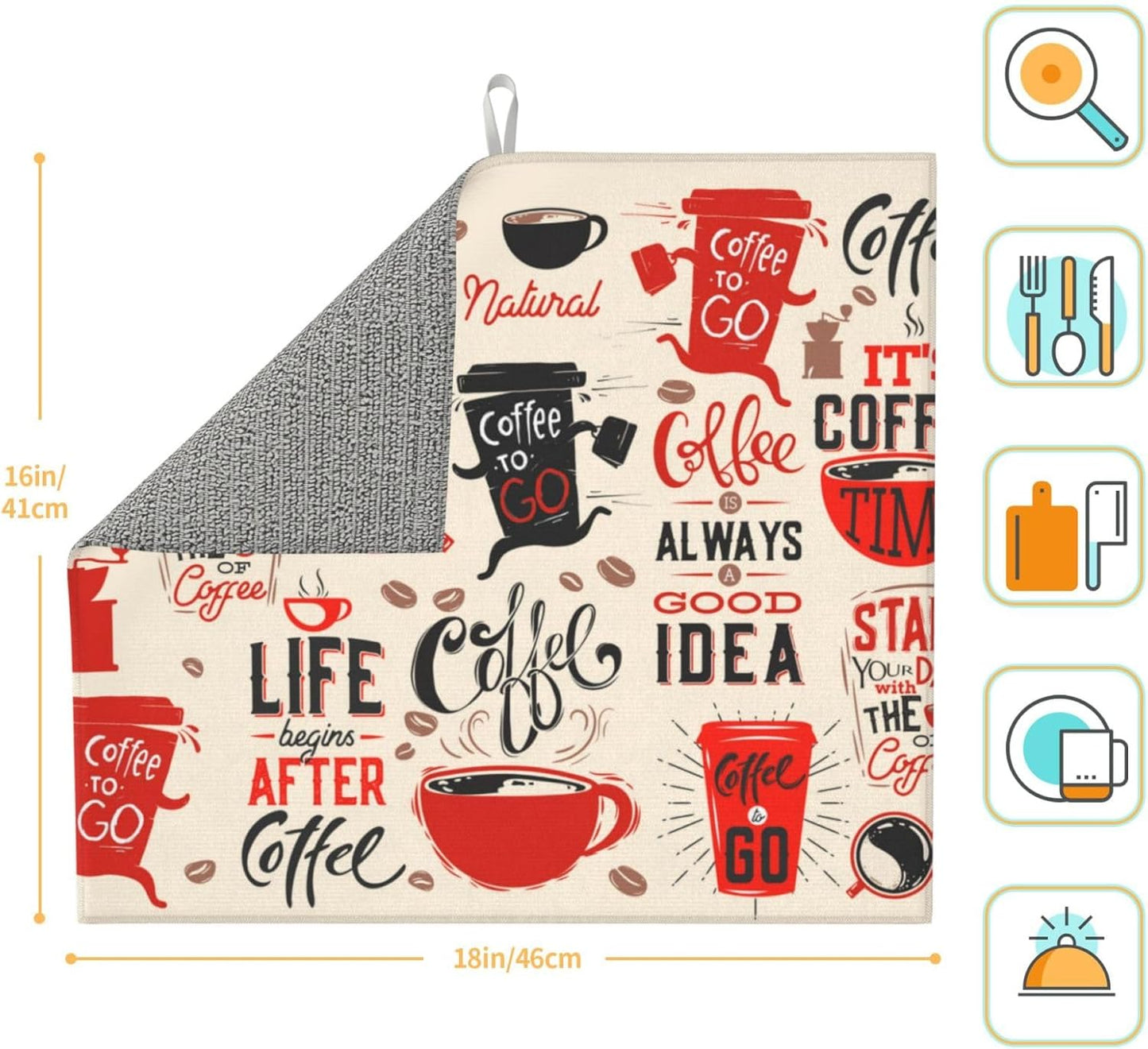 Coffee Themed Dish Drying Mat, Highly Absorbent Microfiber Kitchen Counter Pad Reusable Washable, 16*18"