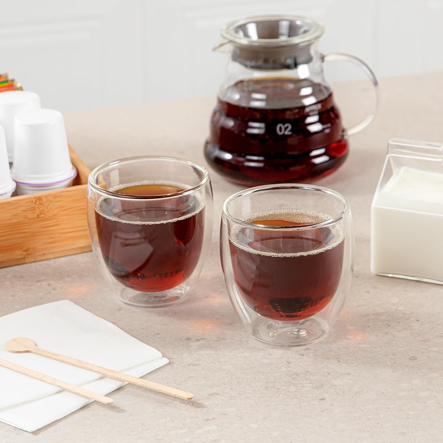 Restaurantware-Forma Professional 8.5 Ounce Double Wall Coffee Cups, 12 Insulated Latte Glasses - Dishwashable, Reusable, Clear Glass Beverage Cups, Freezable, For Hot Or Cold Beverages