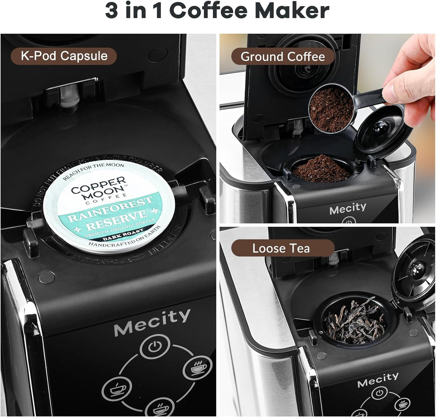 Mecity Coffee Maker 3 in 1 Single Serve Coffee Machine, Compatible with K cup Capsules, Instant Coffee Pot, Tea maker, 6,8,10 Oz Cup, Removable 50 Oz Water Reservoir, 120V 1150W