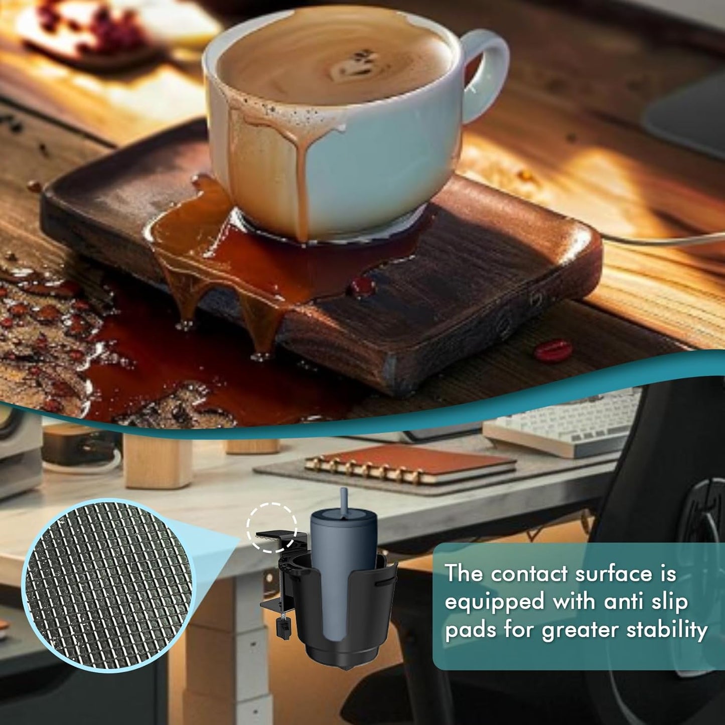 Deeper Desk Cup Holder with Large Metal Clamp, 3.8" Diameter Cup Holder, Anti-Spill Cup Holder Compatible with YETI Bottles & Pen Holder. (Large)