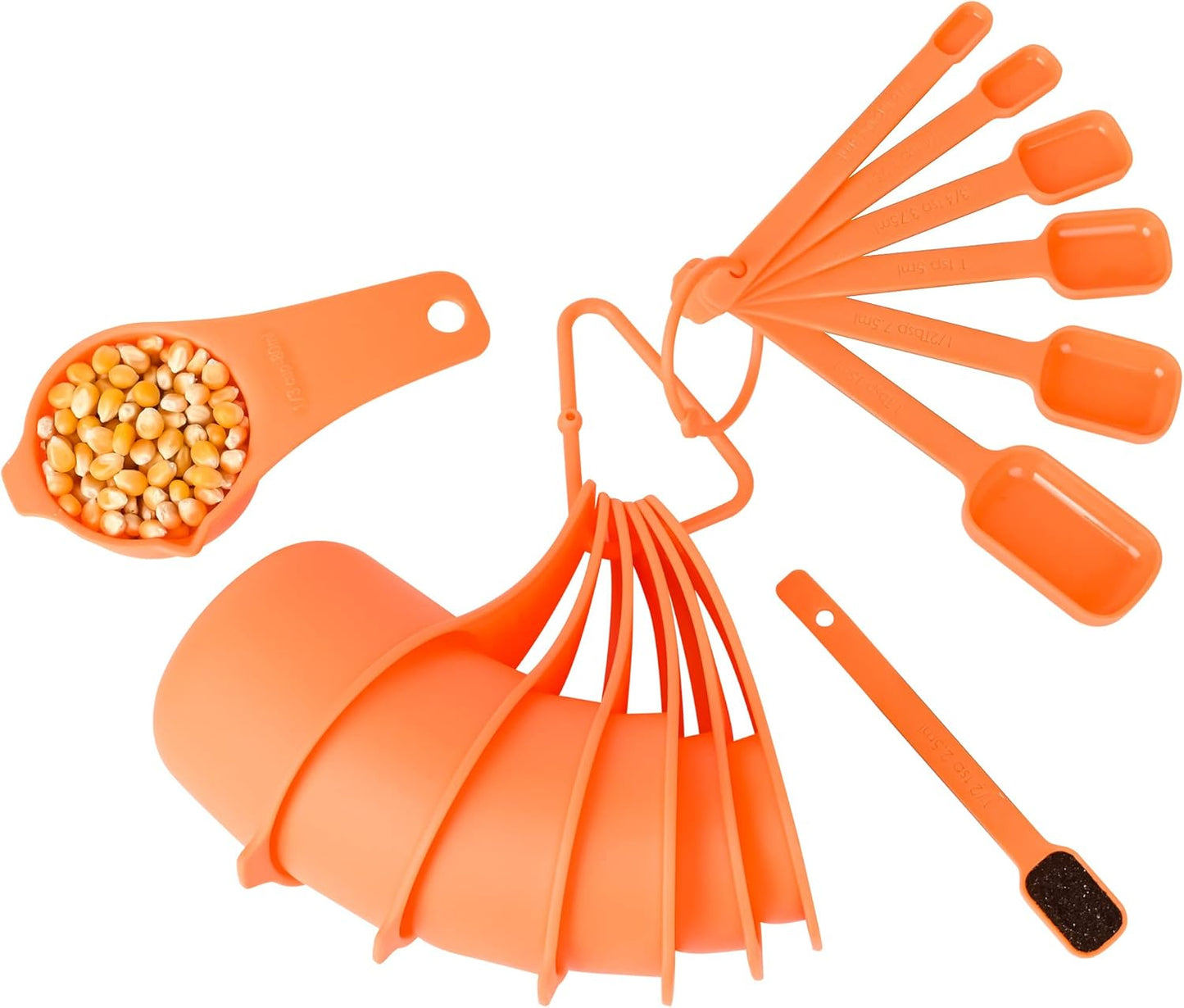 Orange Measuring Cups and Spoons Set 15, 7 Plastic Measuring Cup Set, 7 Spice Long Handle Measuring Spoons with 1 Leveler for Kitchen and Baking, Dry Metric Measure Cups & Spoons Set