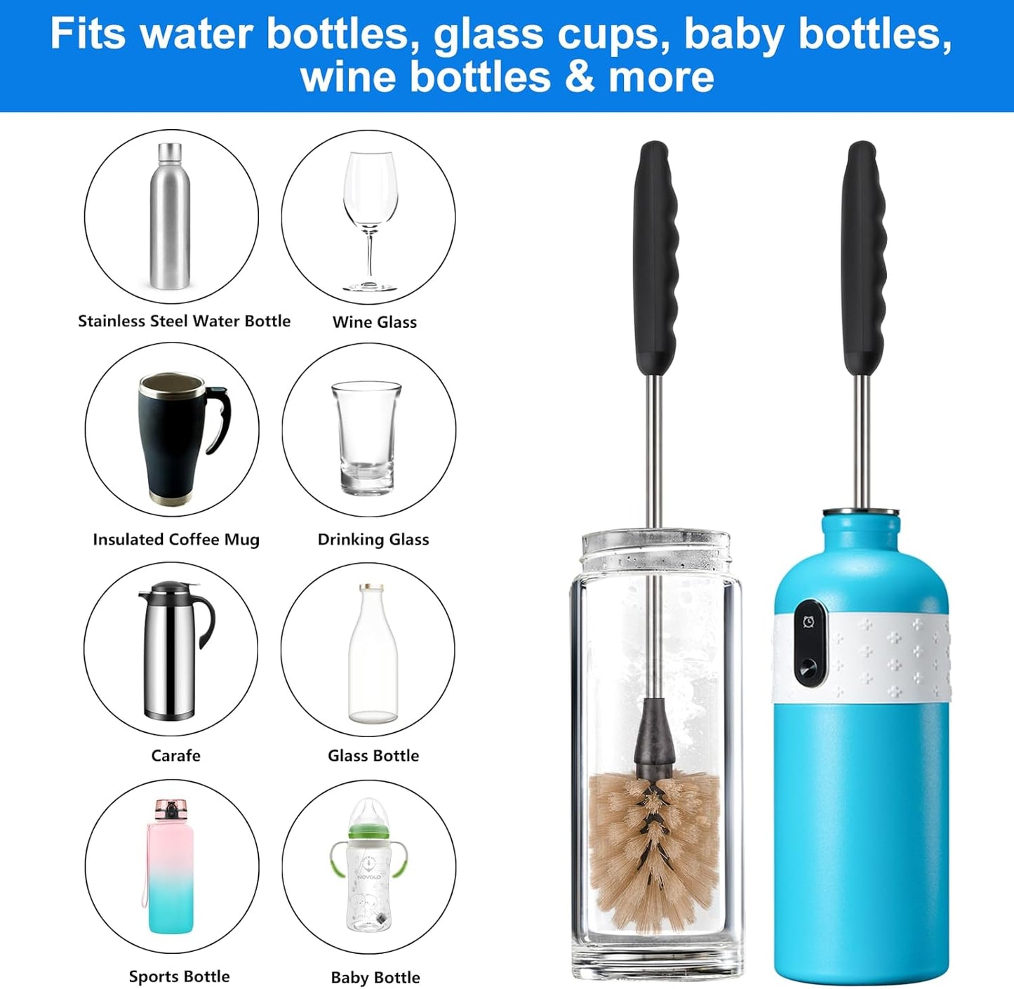 Bottle Brush, 15-inch Stainless Steel Long Handle Cleaning Brush, Kitchen Cleaning Brush, for Cleaning Water Bottles, Glasses, Baby Bottles, Glassware, Food Jars, Cups, Wine Aerators, Brown