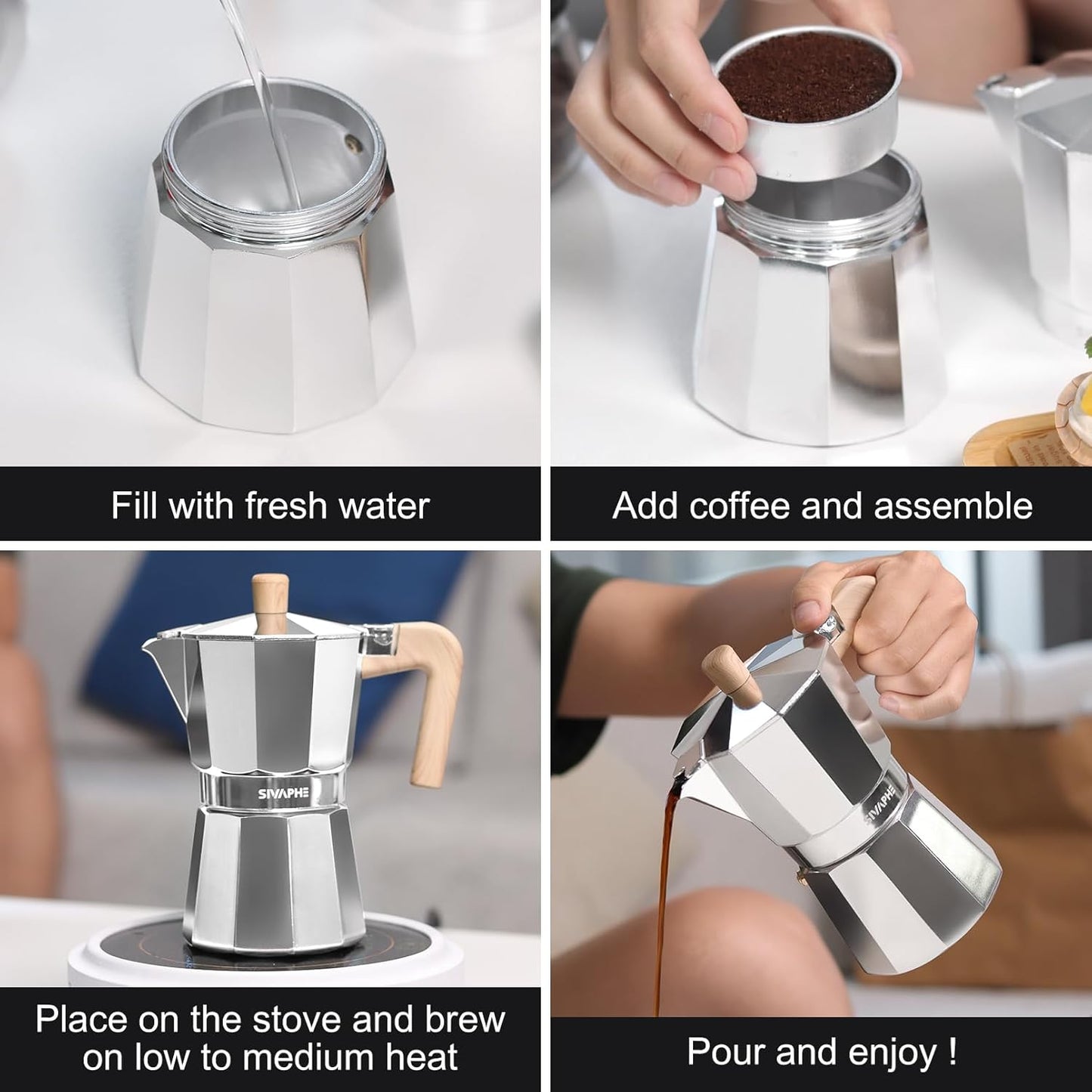 Sivaphe Aluminum Moka Pot 6 Espresso Cups, Percolator Espresso and Coffee Maker, Portable Stovetop Italian and Cuban Café Brewer for Home and Camping Sliver