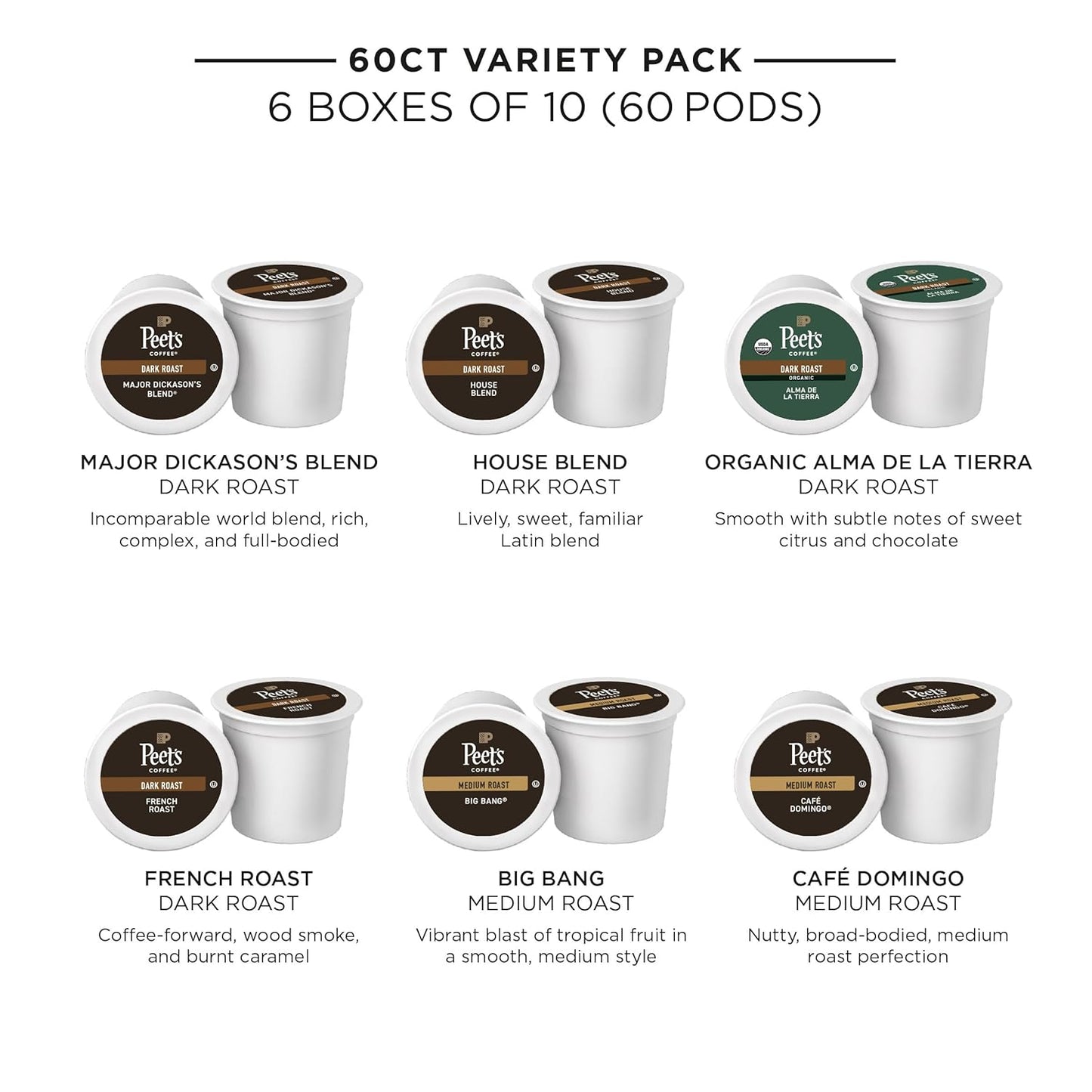 Peet's Coffee, Single Serve Coffee Pods Variety Pack - Major Dickason's Blend, Big Bang, French Roast, Café Domingo, Organic Alma De La Tierra, House Blend, 60 Count (6 Boxes of 10 Pods)