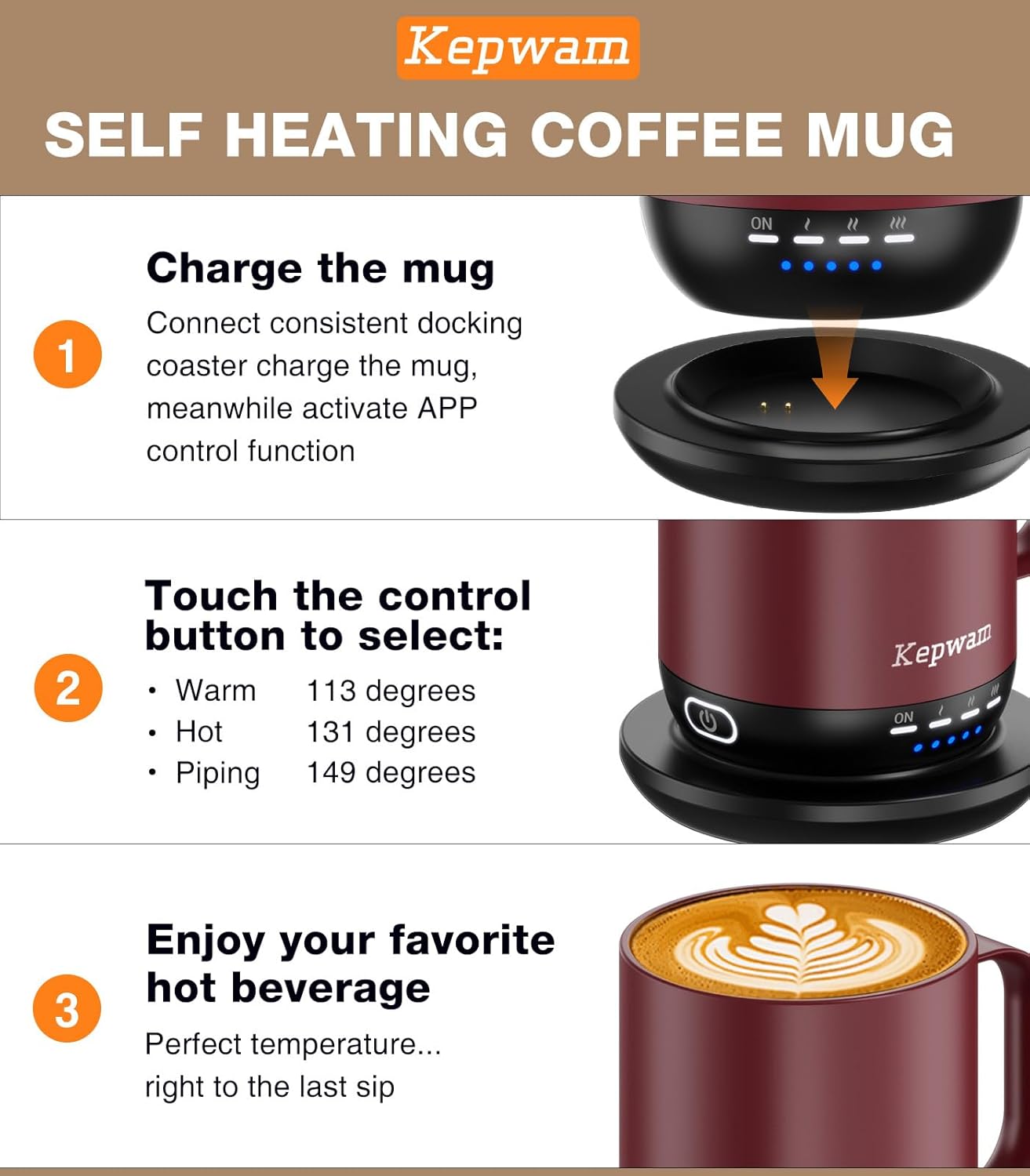 Self Heating Coffee Mug T1-16oz Fast Heating & Ultra Long-Lasting Battery Life, Heated Coffee Mug Up to 149℉ - Touch & App Controlled Coffee Mug, Birthday Gifts for Women and Men