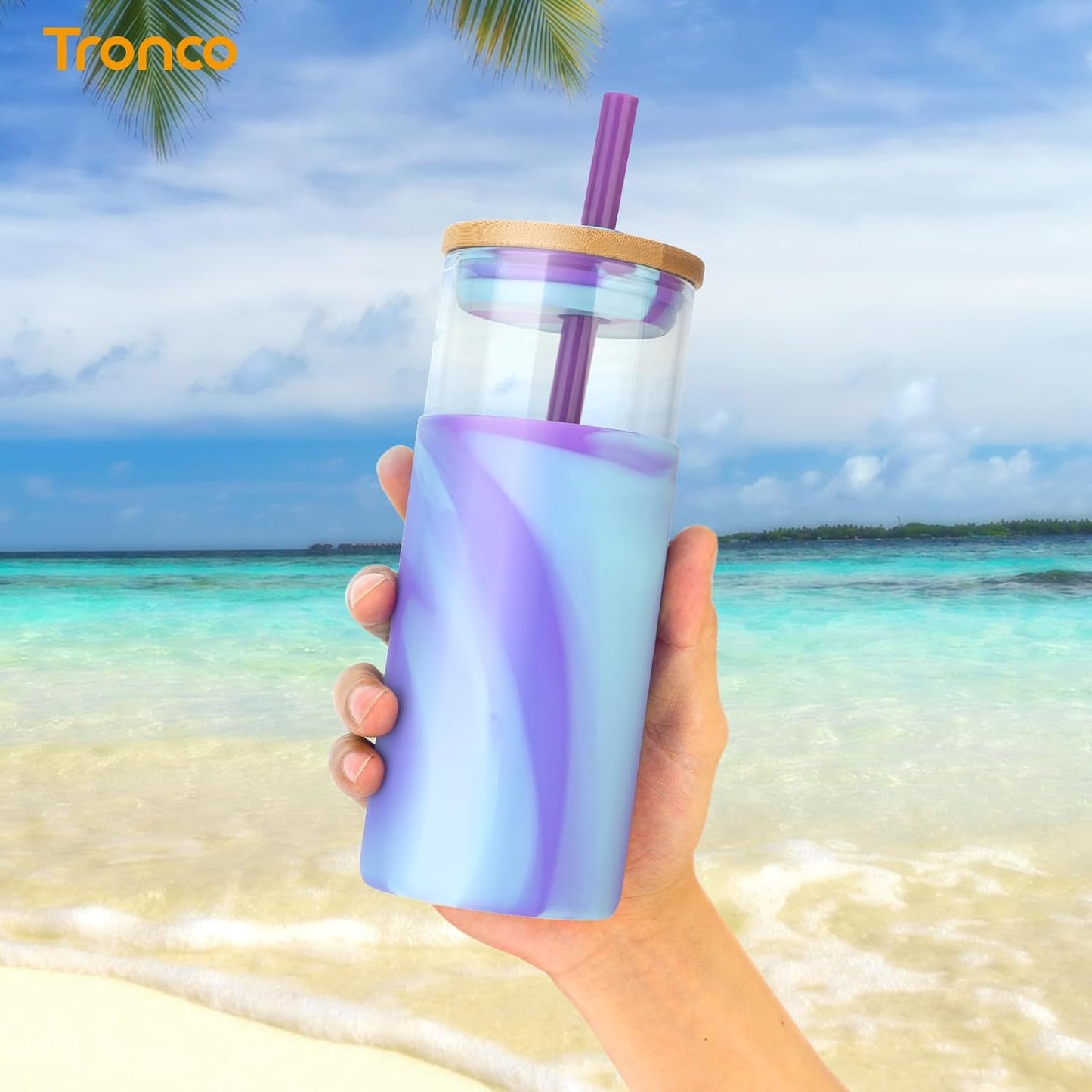 Tronco 20 oz Glass Tumbler with Straw and Bamboo Lid, Iced Coffee Cup Reusable, Smoothie Cups, Tumbler with Silicone Protective Sleeve - BPA Free