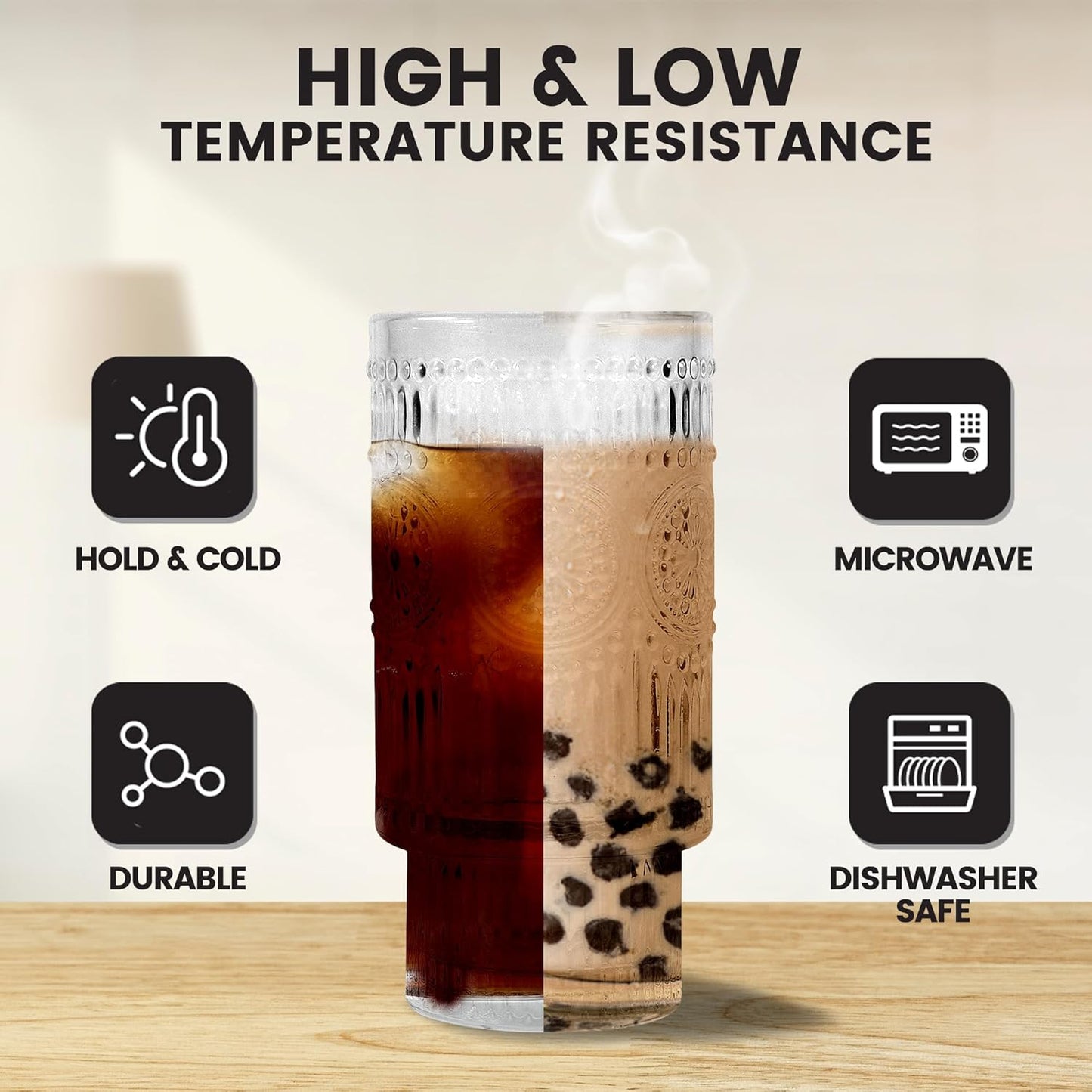 4 Pcs 16 oz Glasses Cups Set with Bamboo Lids Straws Brush Ribbed Vintage Aesthetic Glassware Set for Tea Iced Coffee Beer Cocktail Whiskey