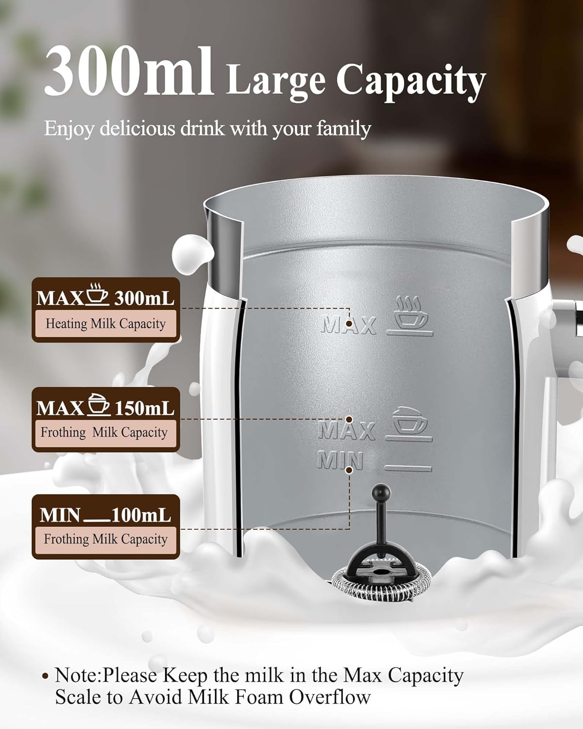 5-in-1 Milk Frother and Steamer - Upgraded Automatic Milk Steamer 11.8oz Hot & Cold Foam Maker and Milk Warmer with LED Display Touch Screen & Two Whisks for Latte,Cappuccinos,Silent Working