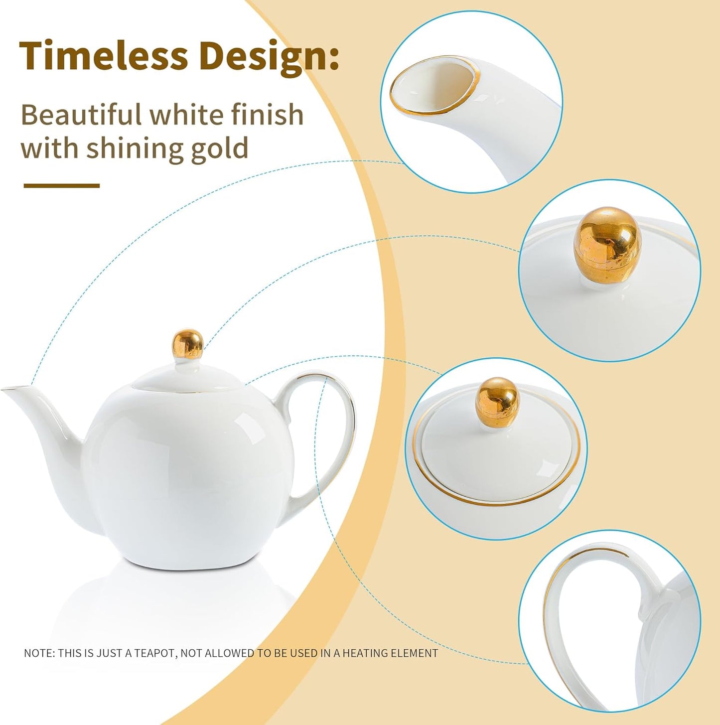 30oz White Porcelain Teapot, Classic design tea pot with Gold Trim, Beautiful white teapots for loose leaf tea and tea bags, Tea Party friendly