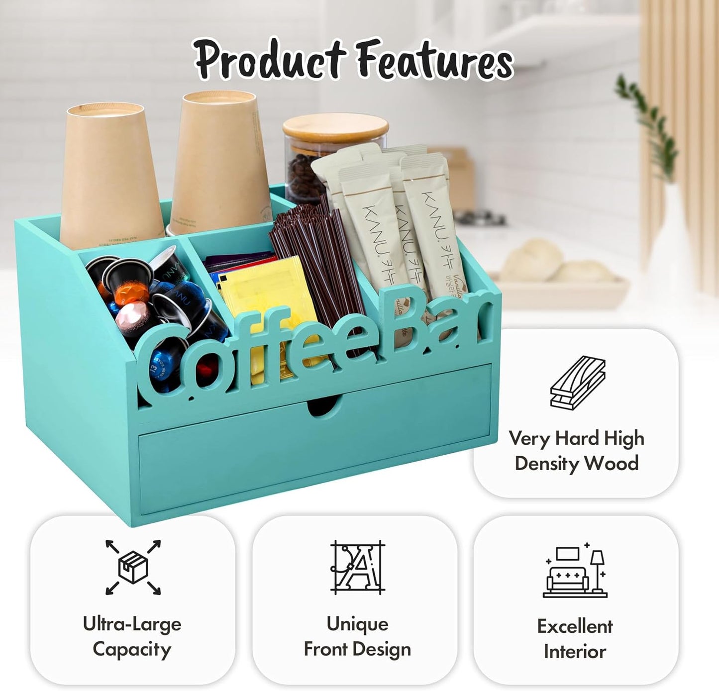 Coffee Bar Organizer for Countertop – Wooden Coffee Station with Black Drawer, Tea and K Cup Storage Rack, Coffee Pod Holder for Home and Office Counter Organization (Drawer - Turquoise)