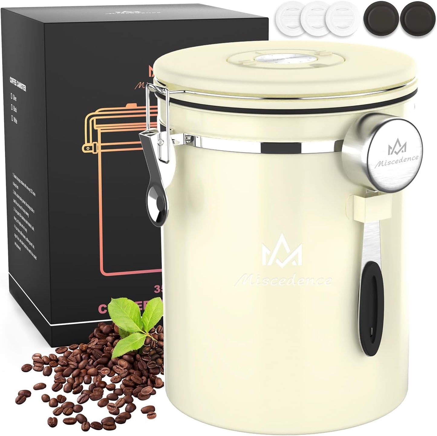 35OZ Coffee Canister for ground coffee with Date Tracker,beige 304 Stainless Steel Kitchen Food Airtight storage container for Coffee Beans or Grounds, Tea, Sugar