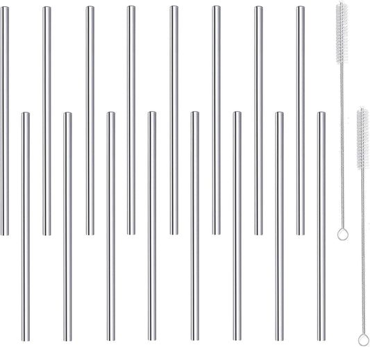 Stainless Steel Straws Short Small 5.9" Reusable Metal Bar Drinking Straw Set With Cleaner Brush for Cocktails Rock Gin Glass Coffee Mason Jar Tumblers Kids Fruit Juice Box, Silver 16PCS