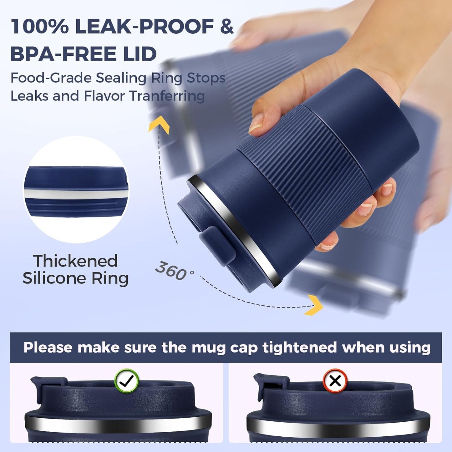 Volhoply 13 oz Stainless Steel Insulated Travel Coffee Mug with Fip Lid Bulk 8 Pack,Reusable Double Wall Vacuum Metal Coffee Cup,Portable Leak Proof Thermal Tumbler for Hot & Cold Drinks(Navy,8)