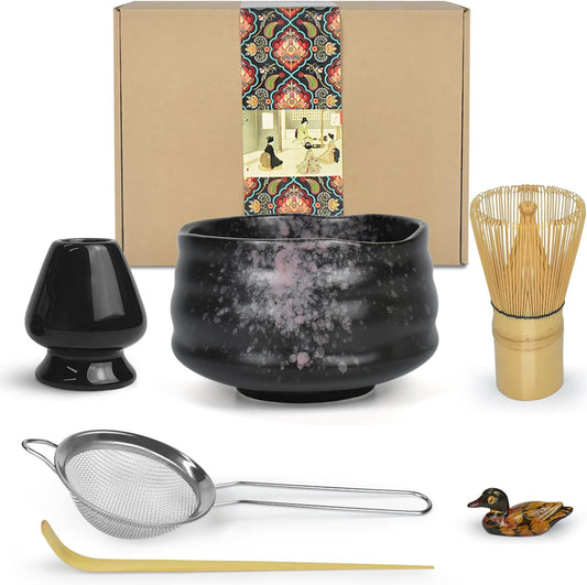 Artcome Matcha Ceremony Kit for Japanese Tea Ceremony, Traditional Matcha Bowl, Whisk, Tea Scoop, Matcha Powder Strainer, Matcha Tea Set For Making Usucha, Koicha and Matcha Latte (Black)
