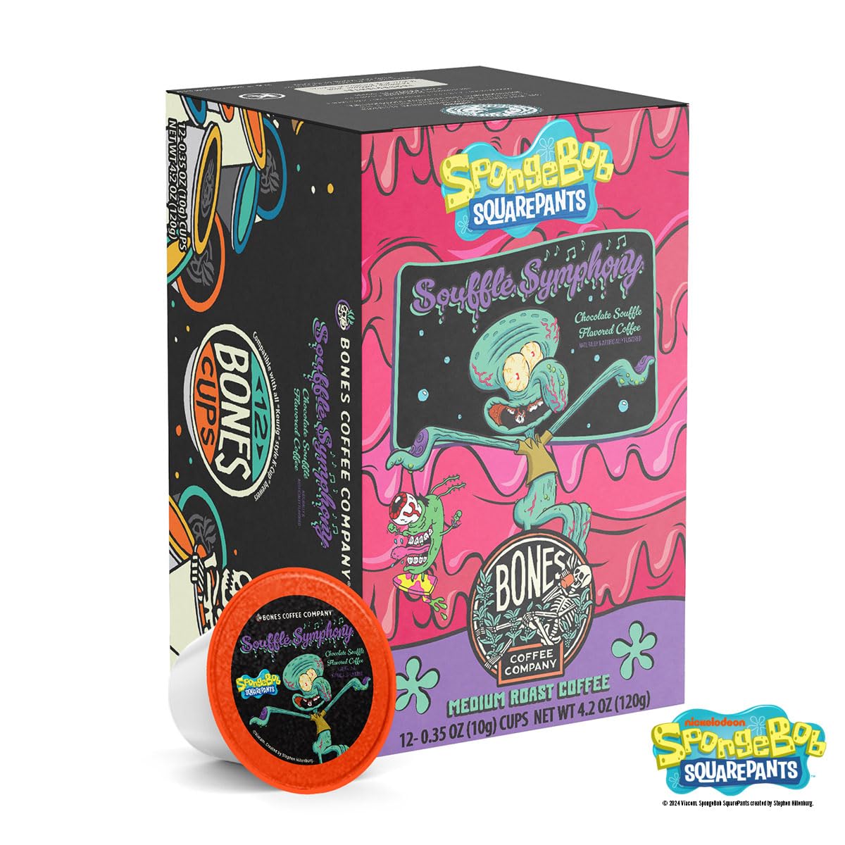 Bones Coffee Company Spongebob Soufflé Symphony, Chocolate Soufflé Flavored Coffee Pods, Low Acid Medium Roast Single-Serve Bones Cups, Compatible with 1.0 & 2.0 Capsule Brewers Coffee Maker, 12 Count