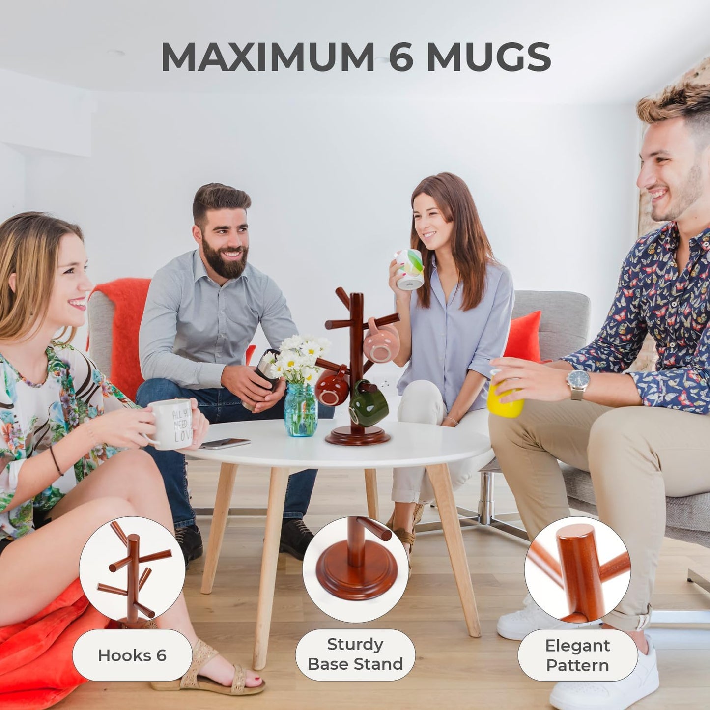 Pack 2 Mug Tree 6 Hooks Rubberwood 13.5"x7"x7", Strudy & Thick Base, Large & Small Cup Holder Tree Wooden for Jewelry, Kitchen Tools, Pantry, Ornaments, Countertop, Table Organizer (Black)