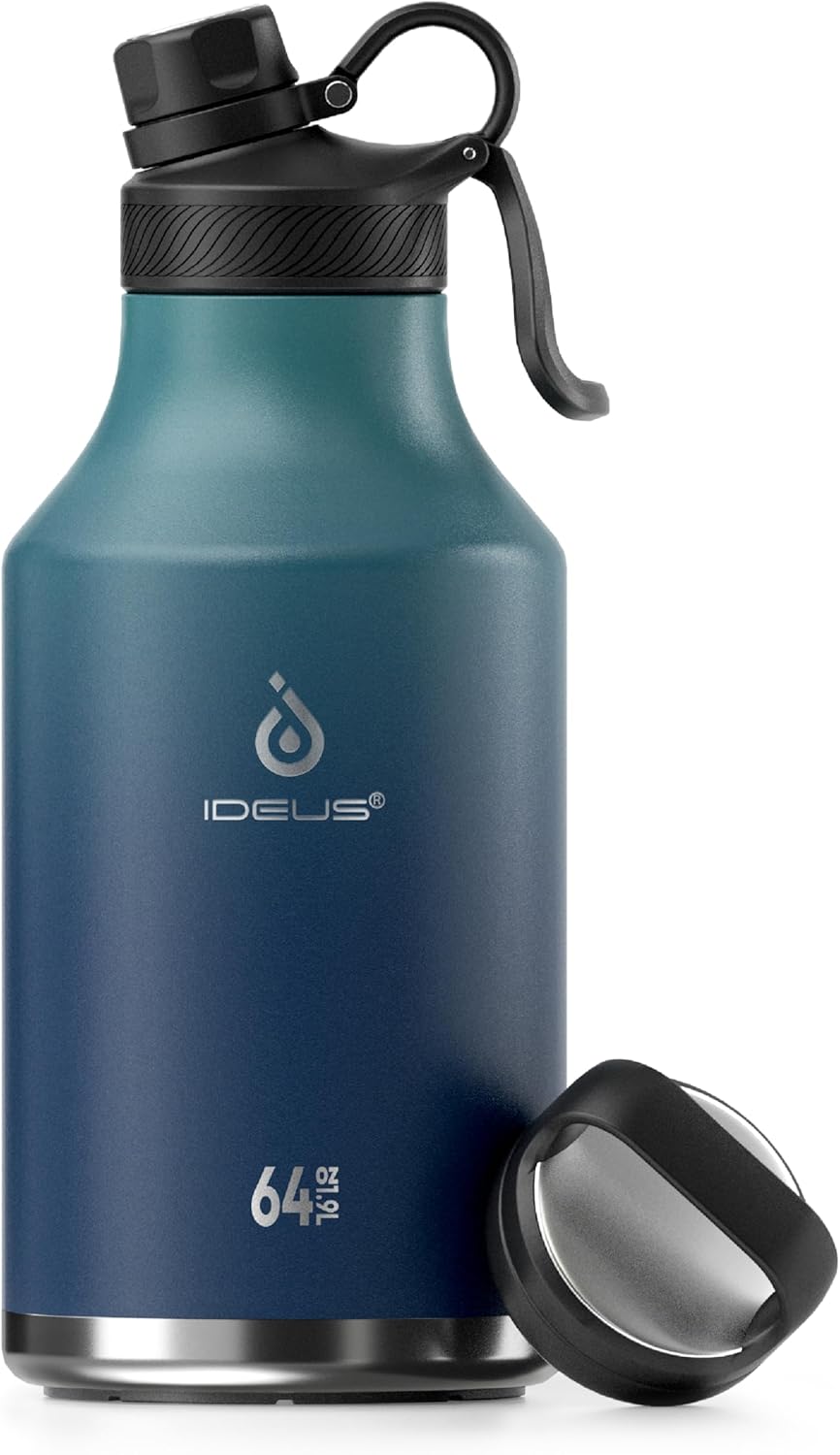IDEUS Insulated Stainless Steel Water Bottle with 2 Leak-Proof Lids, Thermal Water Flask for Hiking Biking, 64oz, Green