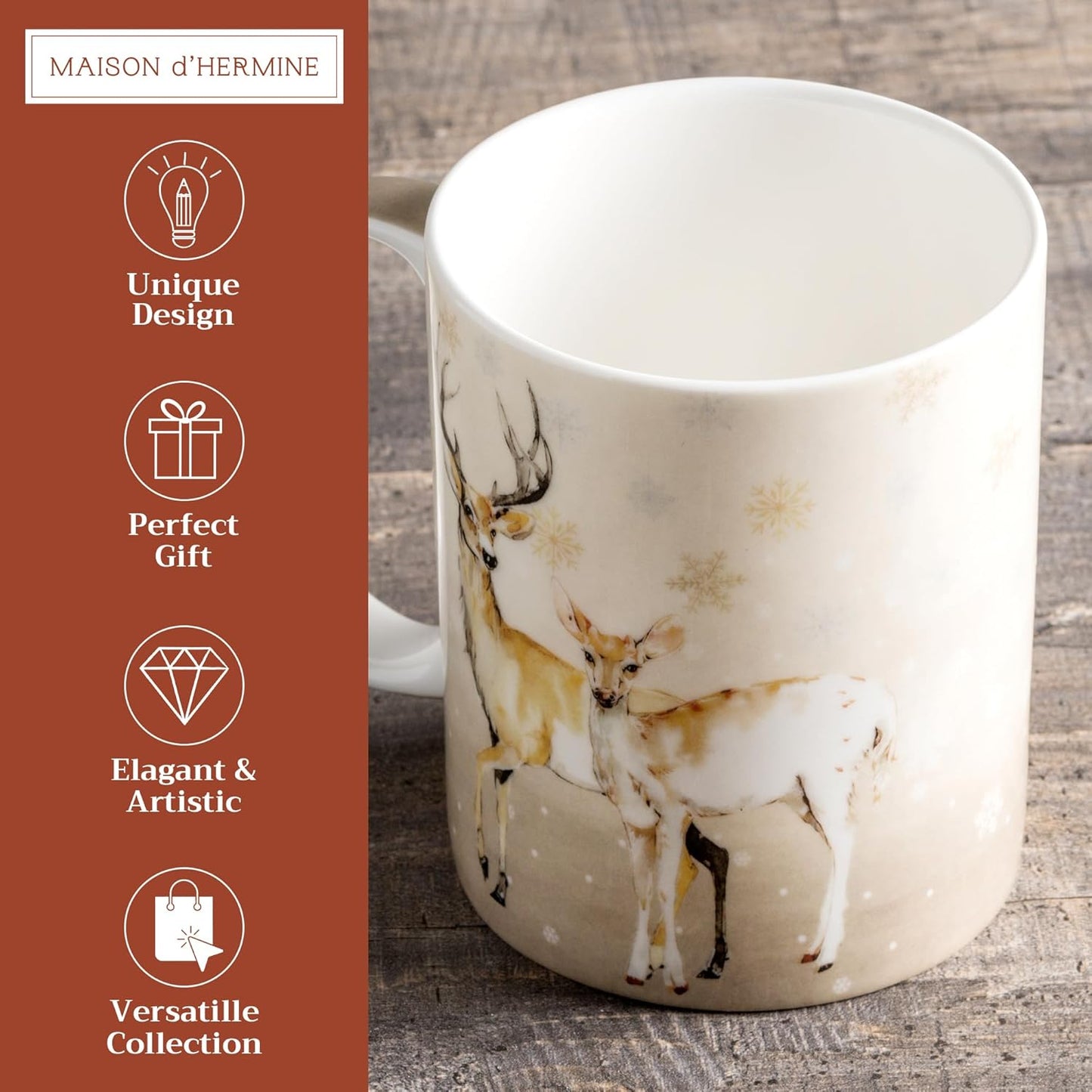 Maison d' Hermine Coffee Mug with Handles Fine Bone China Mugs Pack of One Tea Cups for Hot Beverages Cappuccino Latte Home Restaurant Office Perfect for Gift (Deer In The Woods - Oh Deer, 15 Ounce)